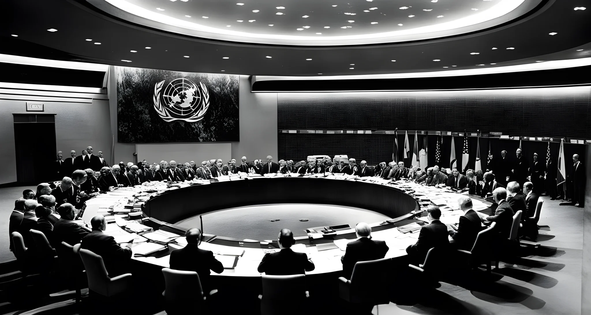 A black-and-white photograph of the signing of the United Nations Charter, with delegates from various countries gathered around a long table.