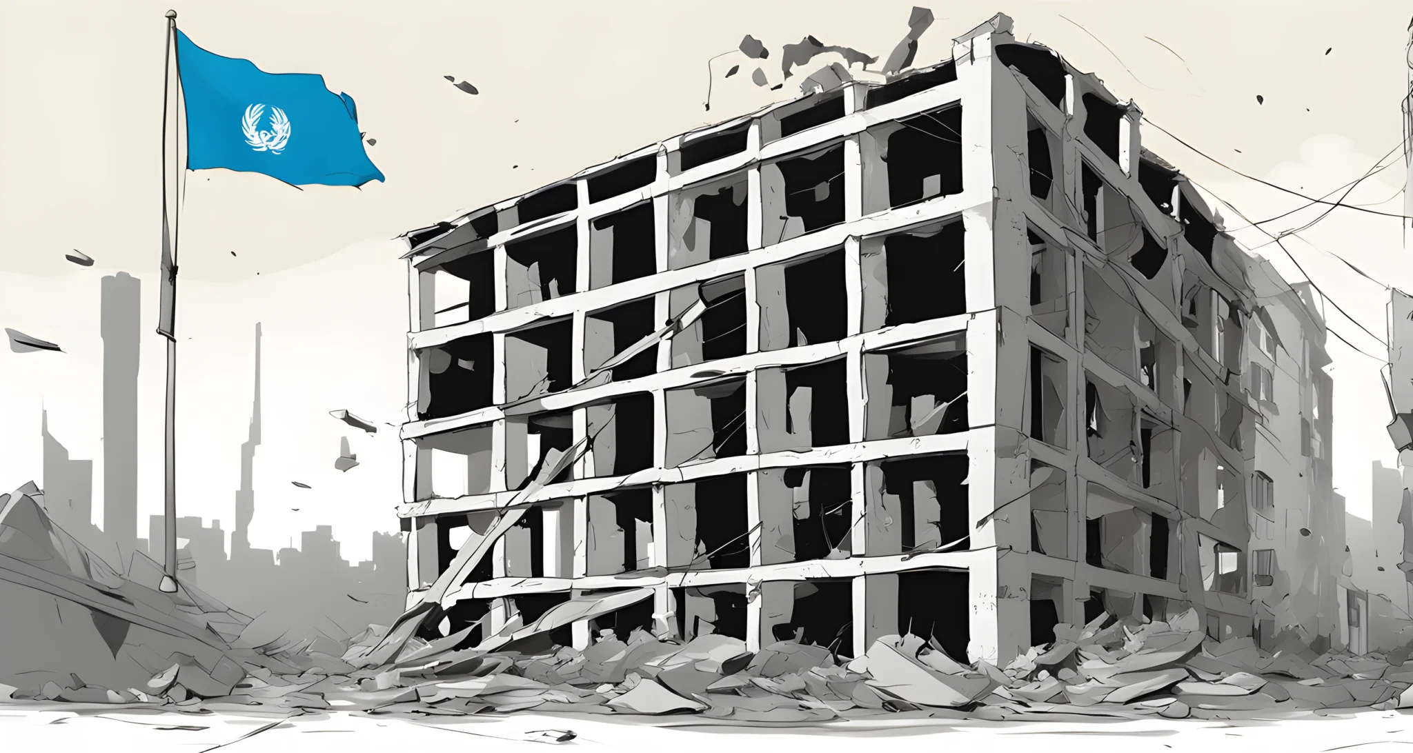 A bombed-out building with a UN flag flying on the premises.