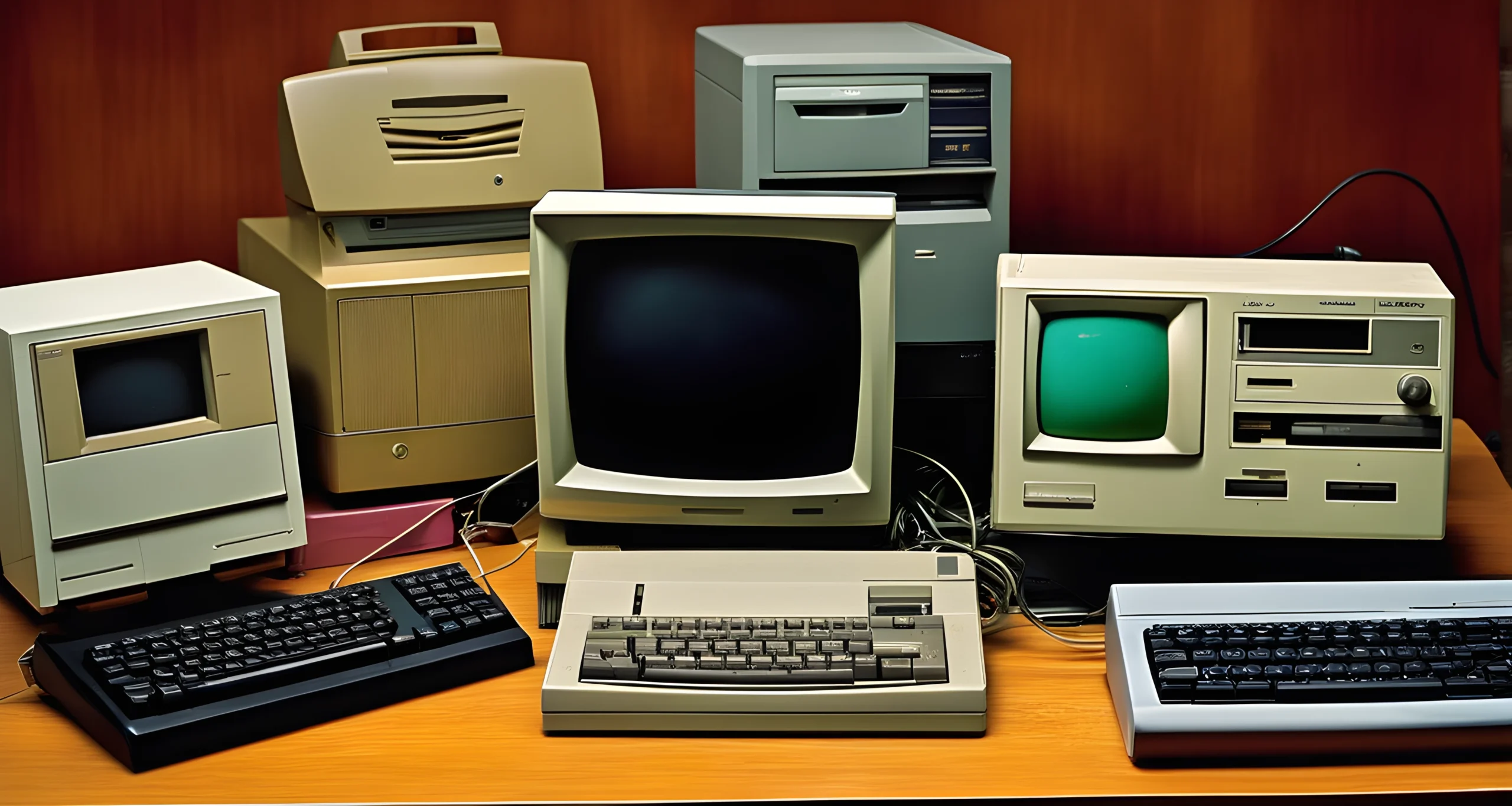 A collection of vintage computers and technology devices from the late 20th century, including desktop computers, floppy disks, and old cell phones.