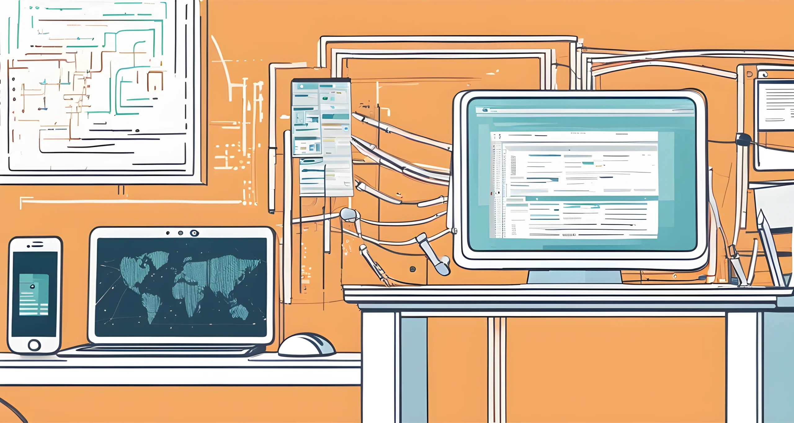 A computer monitor displaying lines of code, a smartphone with various apps open, and a network router sitting on a desk.