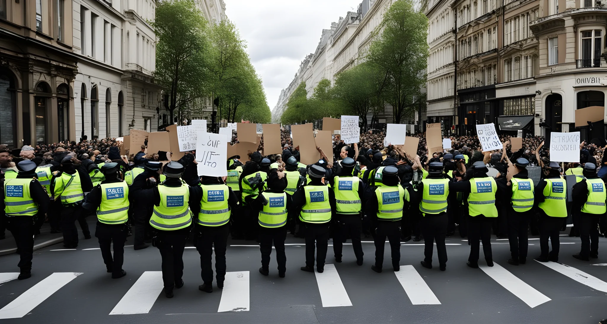 A crowded city street with protesters holding signs and banners advocating for climate change action. Police officers are seen maintaining order and directing the flow of the demonstration.