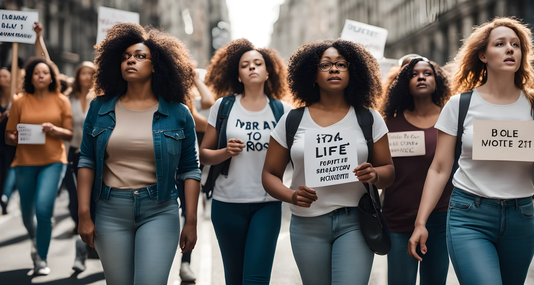 A group of diverse women holding protest signs and marching in a city street.