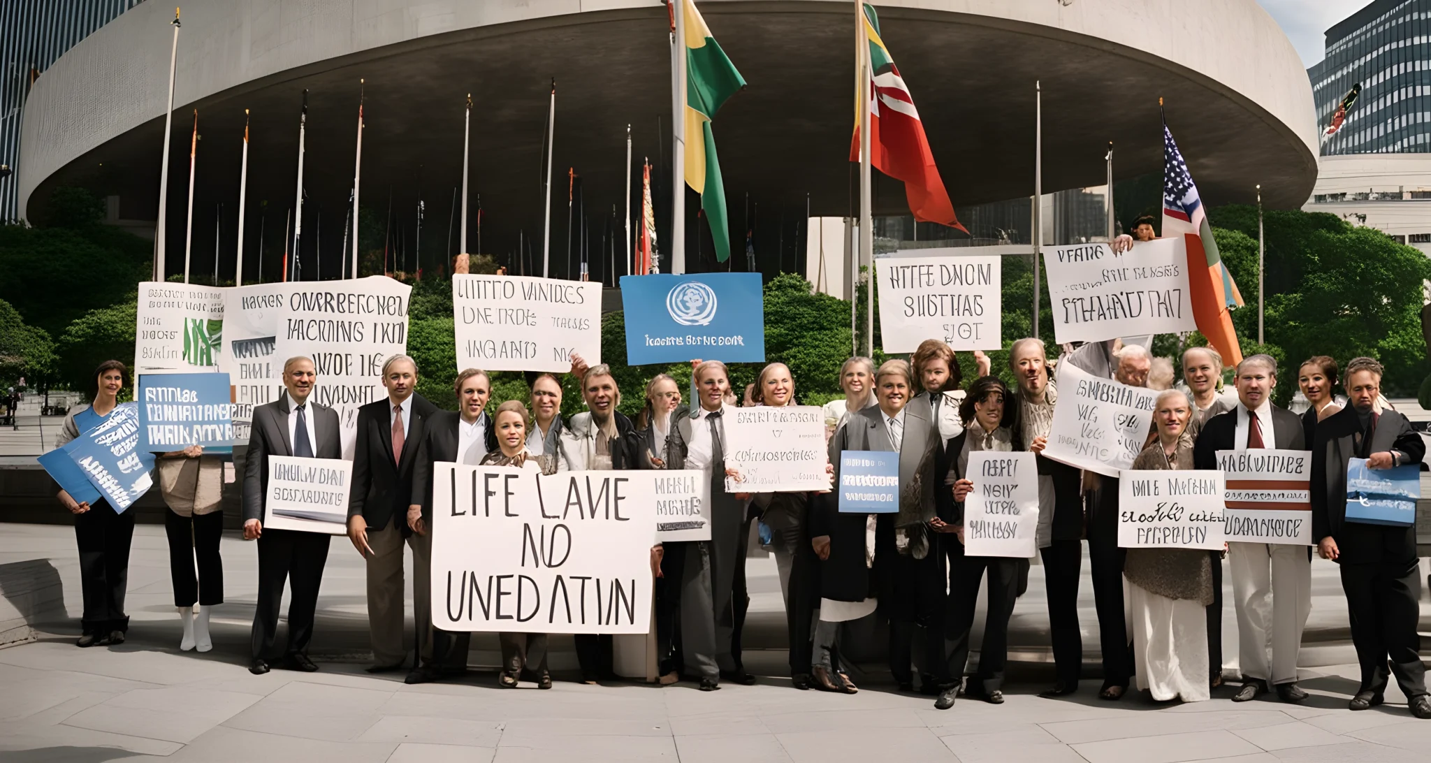 A group of people holding signs and banners outside of the United Nations building.