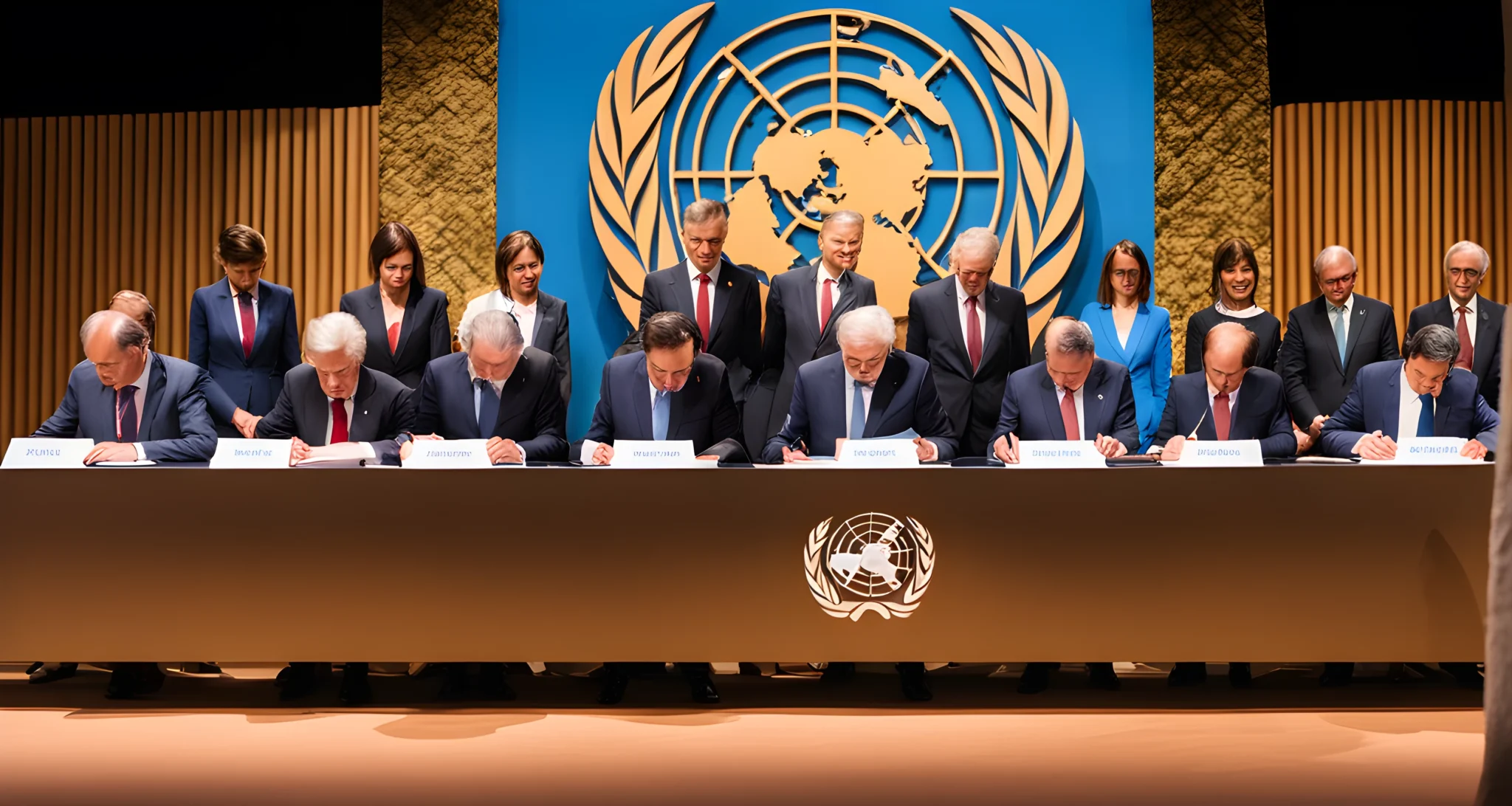 A group of world leaders signing the Paris Agreement document on a stage, with the UN logo prominently displayed in the background.