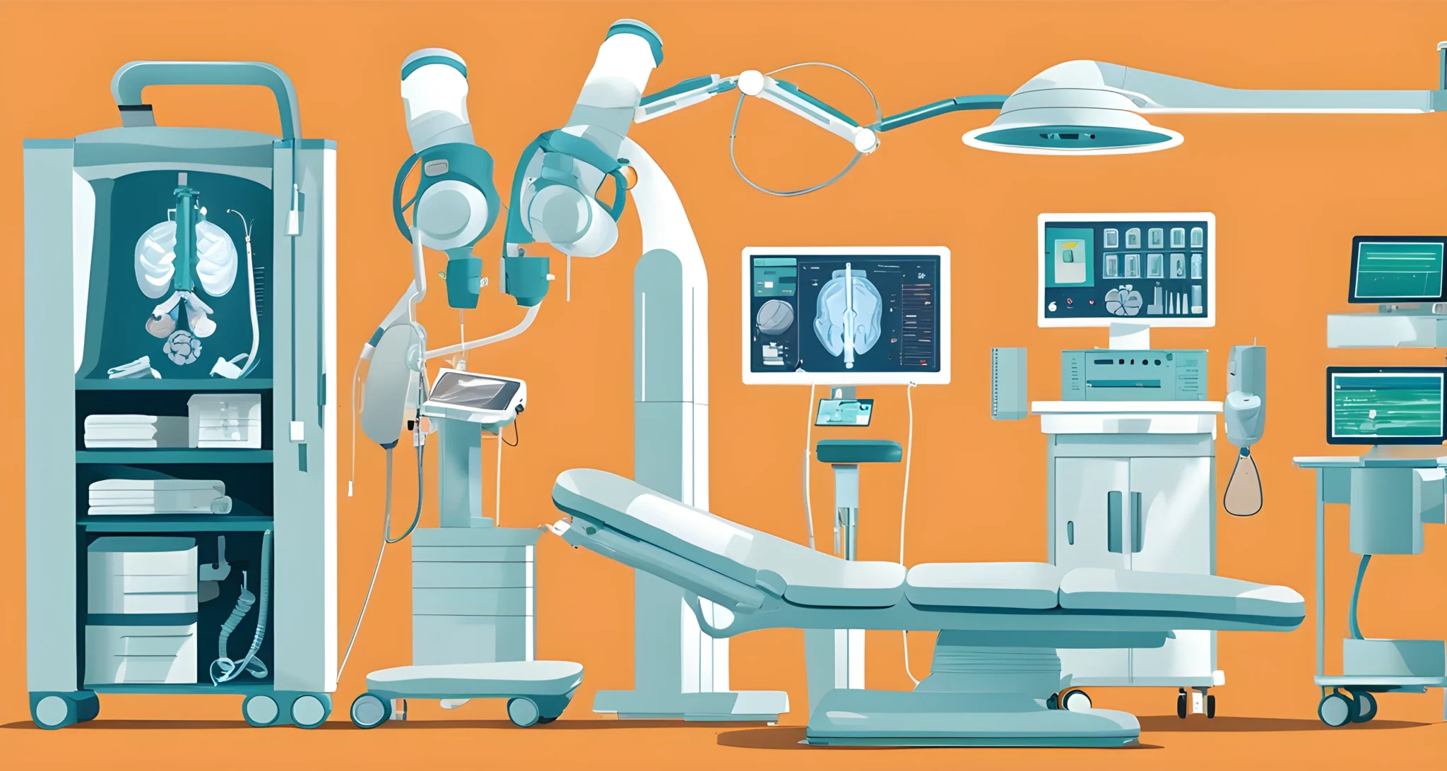 A photo of medical equipment and devices used in modern healthcare settings, including MRI machines, robotic surgical tools, and 3D printing technology for prosthetics.