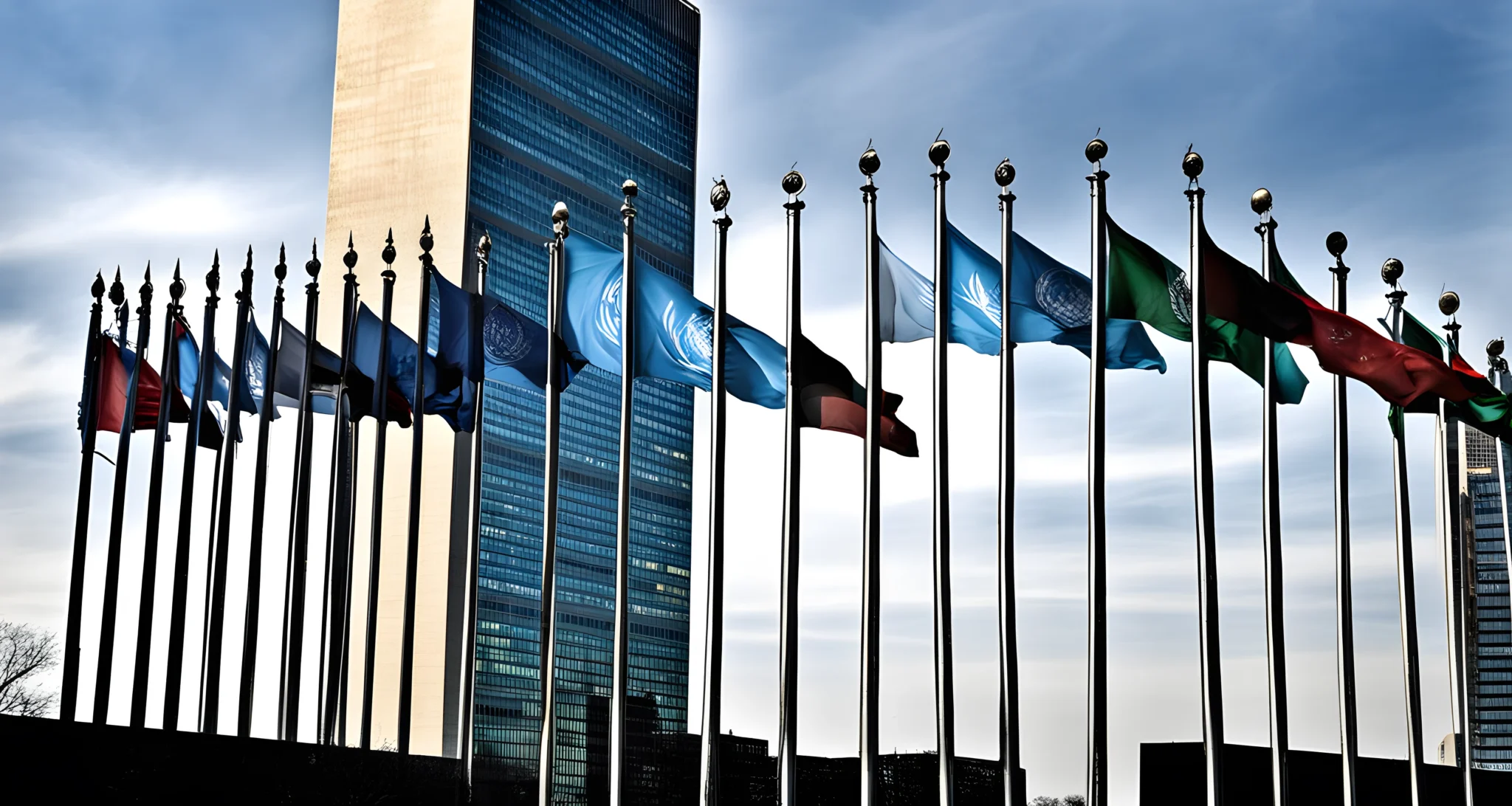 A photo of the United Nations headquarters in New York City, with the UN emblem prominently displayed.