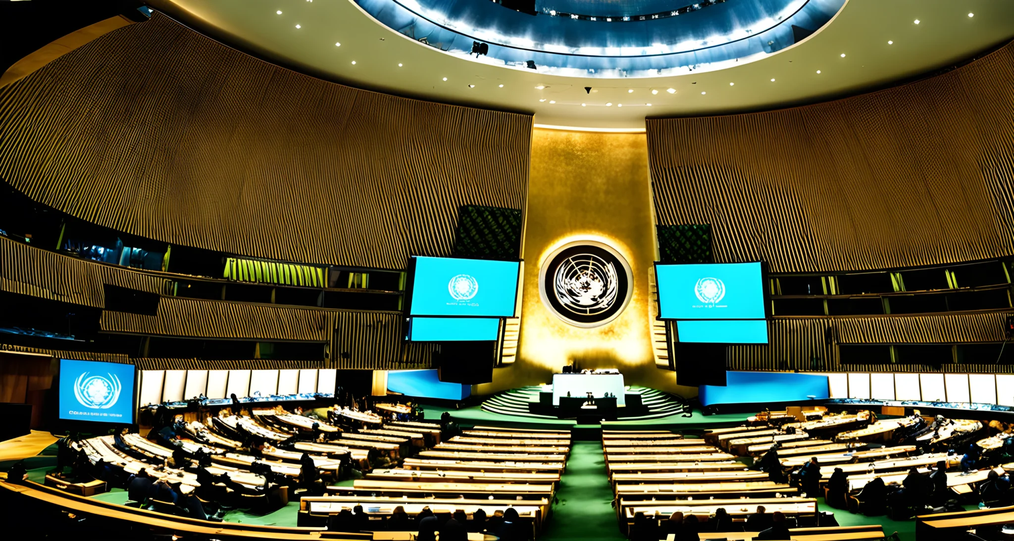 A photograph of the United Nations General Assembly hall filled with delegates from member countries.