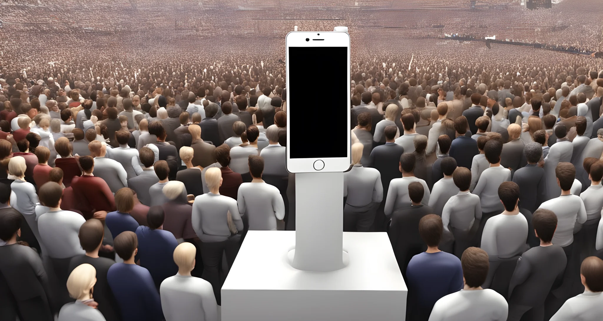 A smartphone, a podium, and a large crowd of people.