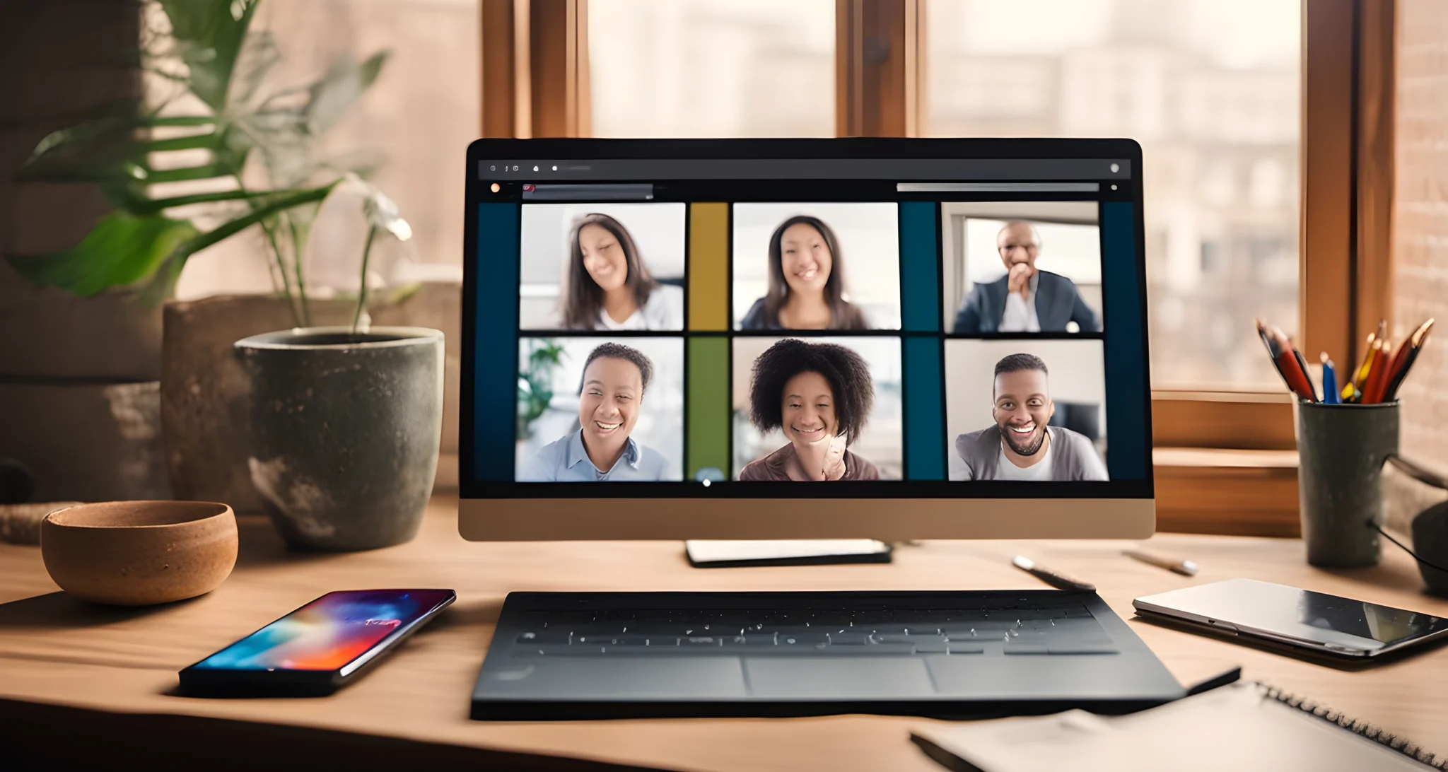 An image of a computer and a smartphone on a desk, with internet browsers open and a video call in progress.