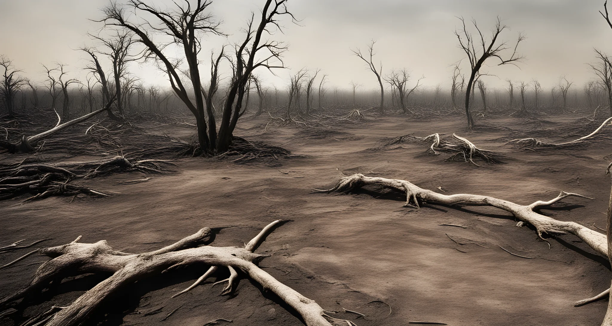 An image of a deforested landscape, with barren ground and dead trees, depicting the impact of habitat destruction on the environment.