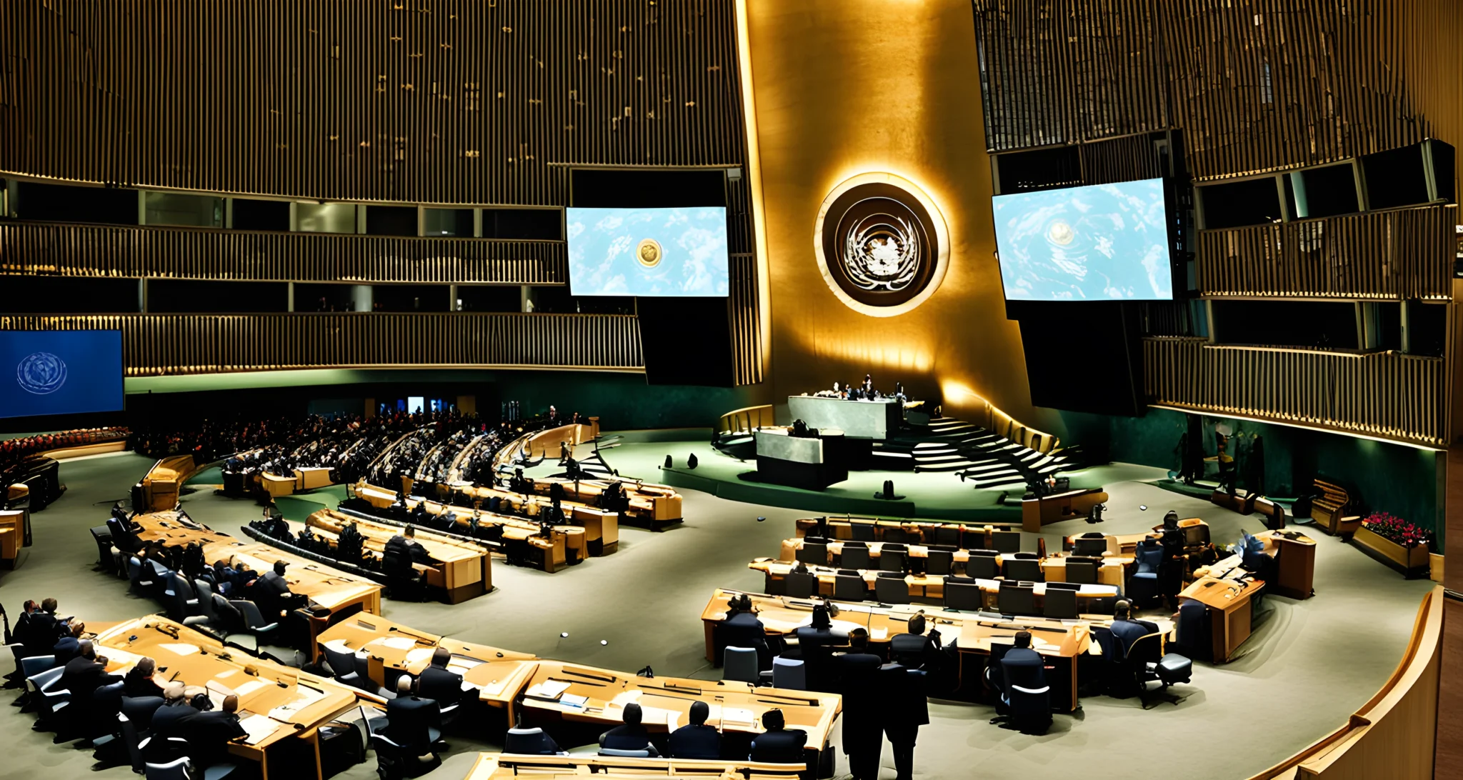 An image of the United Nations General Assembly with representatives from various countries speaking at the podium.