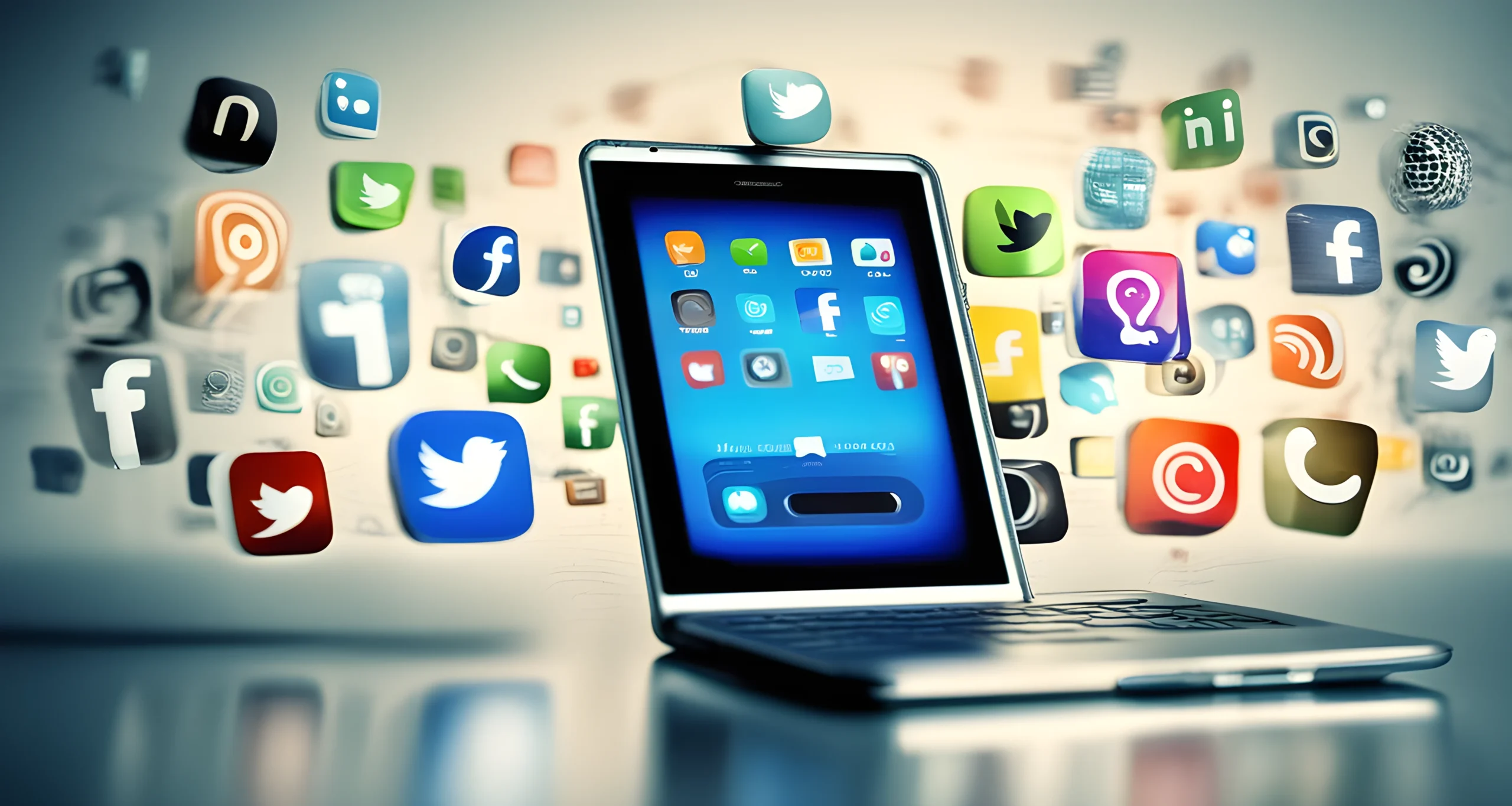 An image showing a smartphone, laptop, and social media icons on a digital screen.