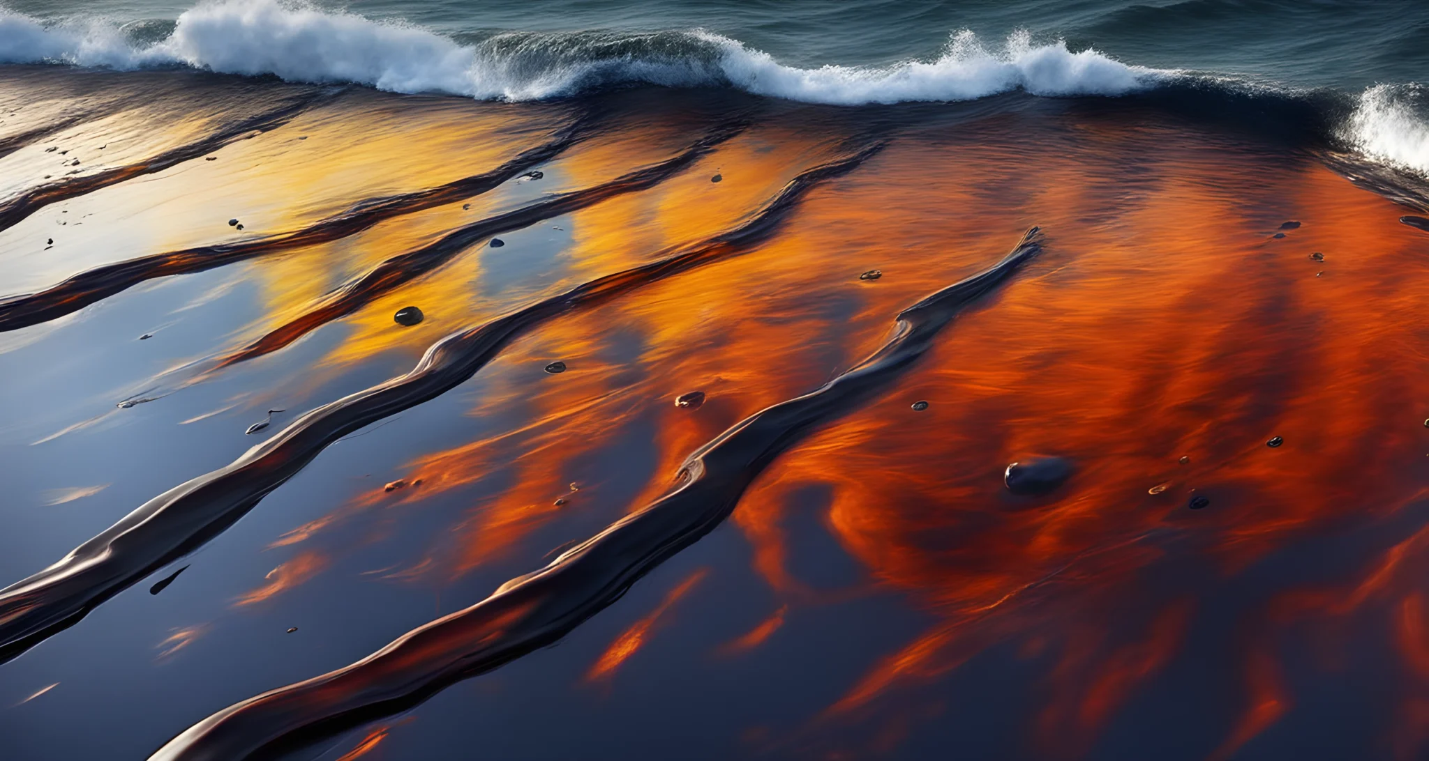 An oil spill in the ocean, with a large tanker ship visible and a thick layer of oil covering the water's surface.