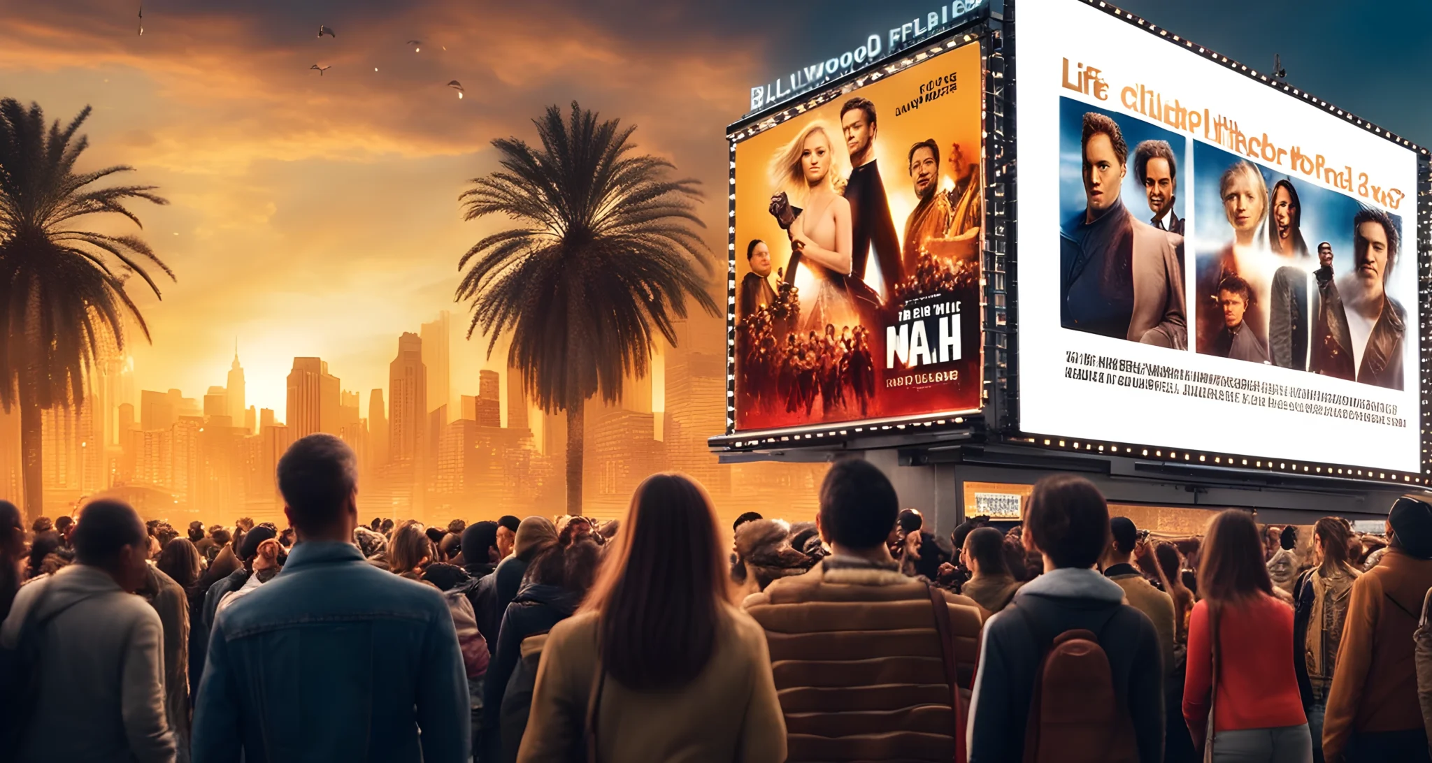 In the forefront of the image, an illuminated billboard featuring a popular Hollywood movie is displayed. In the background, a crowd of people from different cultures are gathered around the billboard, taking photos and interacting with the popular icon.