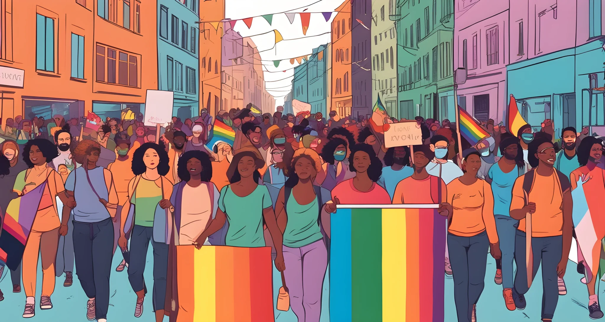 In the image, a diverse group of demonstrators march through a city street carrying colorful LGBTQ+ pride flags and holding signs advocating for equal rights.