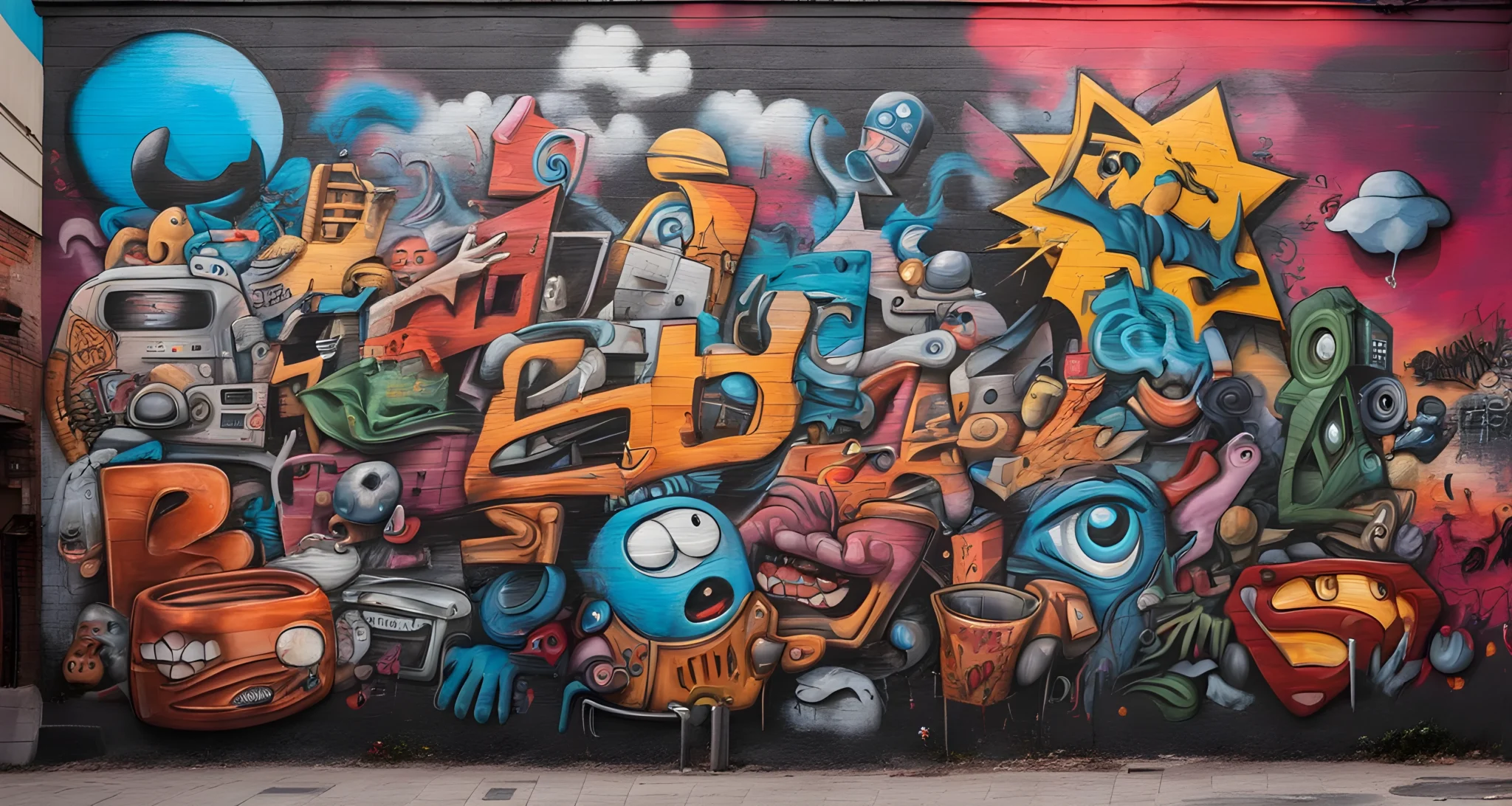 In the image, a graffiti mural depicts iconic symbols of popular culture, including film characters, music references, and social media logos.