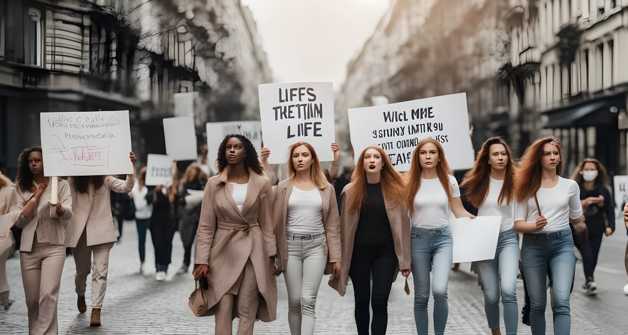 In the image, a group of women holding protest signs and marching in a city street.