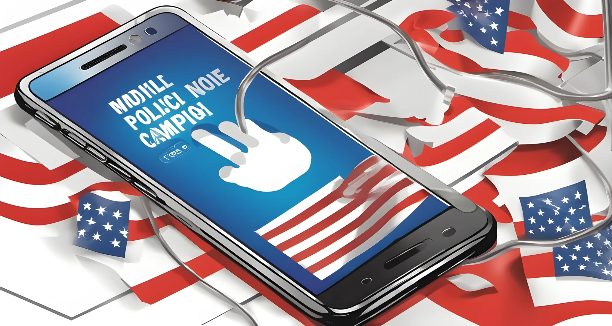 In the image, a smartphone and a political campaign poster are shown, symbolizing the intersection of social media and politics.