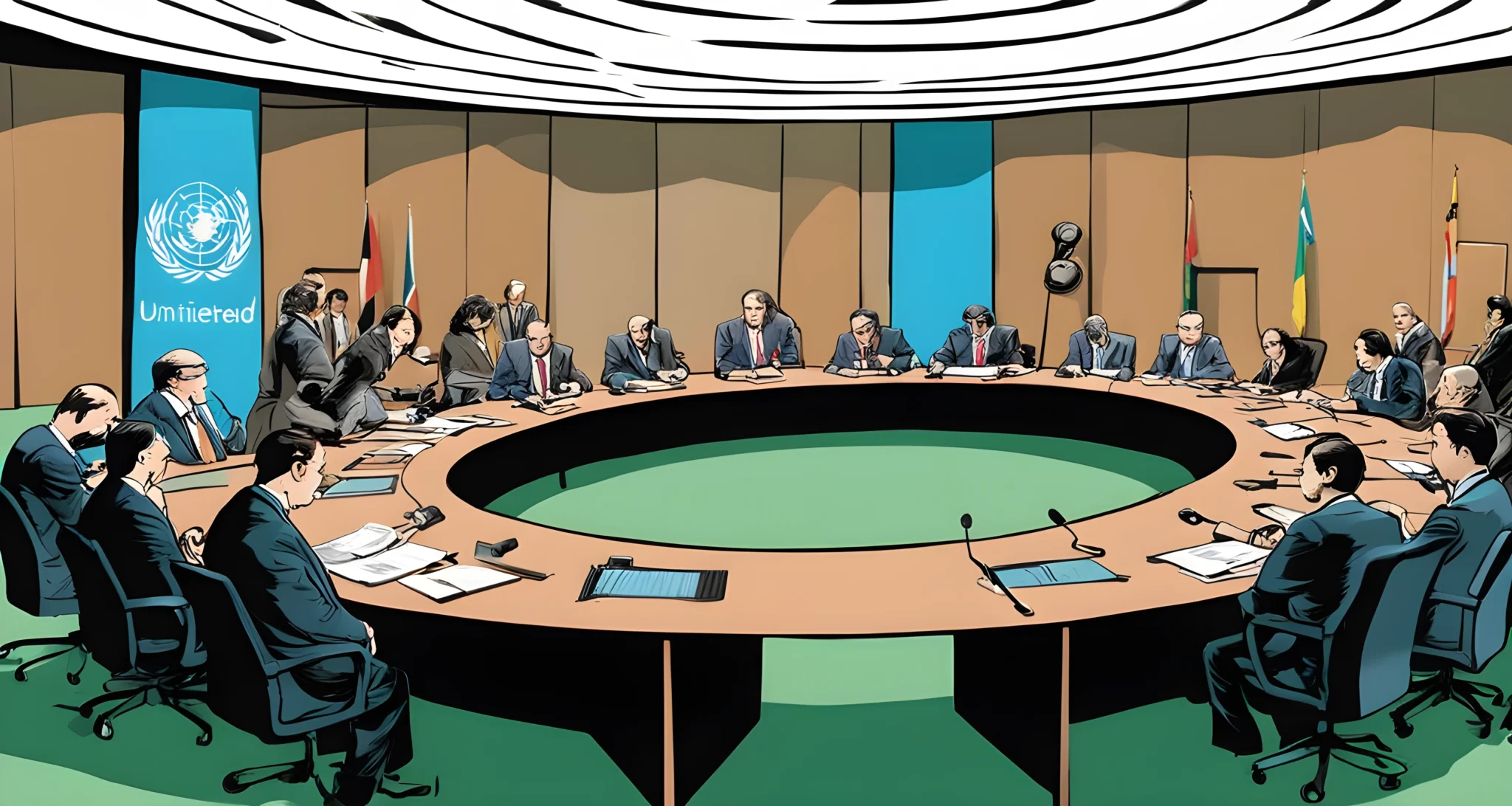 In the image, there are representatives from various countries sitting around a large table at the United Nations headquarters. They are engaged in a discussion, with documents and microphones spread across the table.