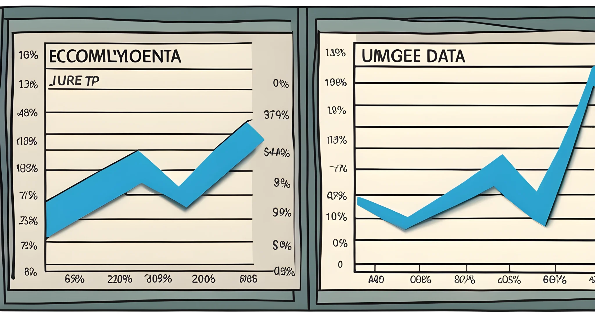 In the image, there are two graphs showing economic data. One graph displays fluctuating stock market trends, and the other shows a varying unemployment rate.