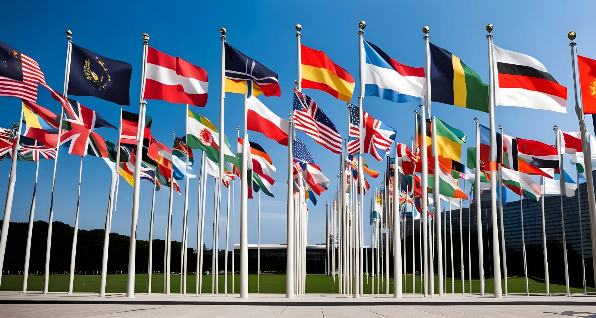 In the image, there is a group of countries flags being raised in front of the United Nations headquarters.