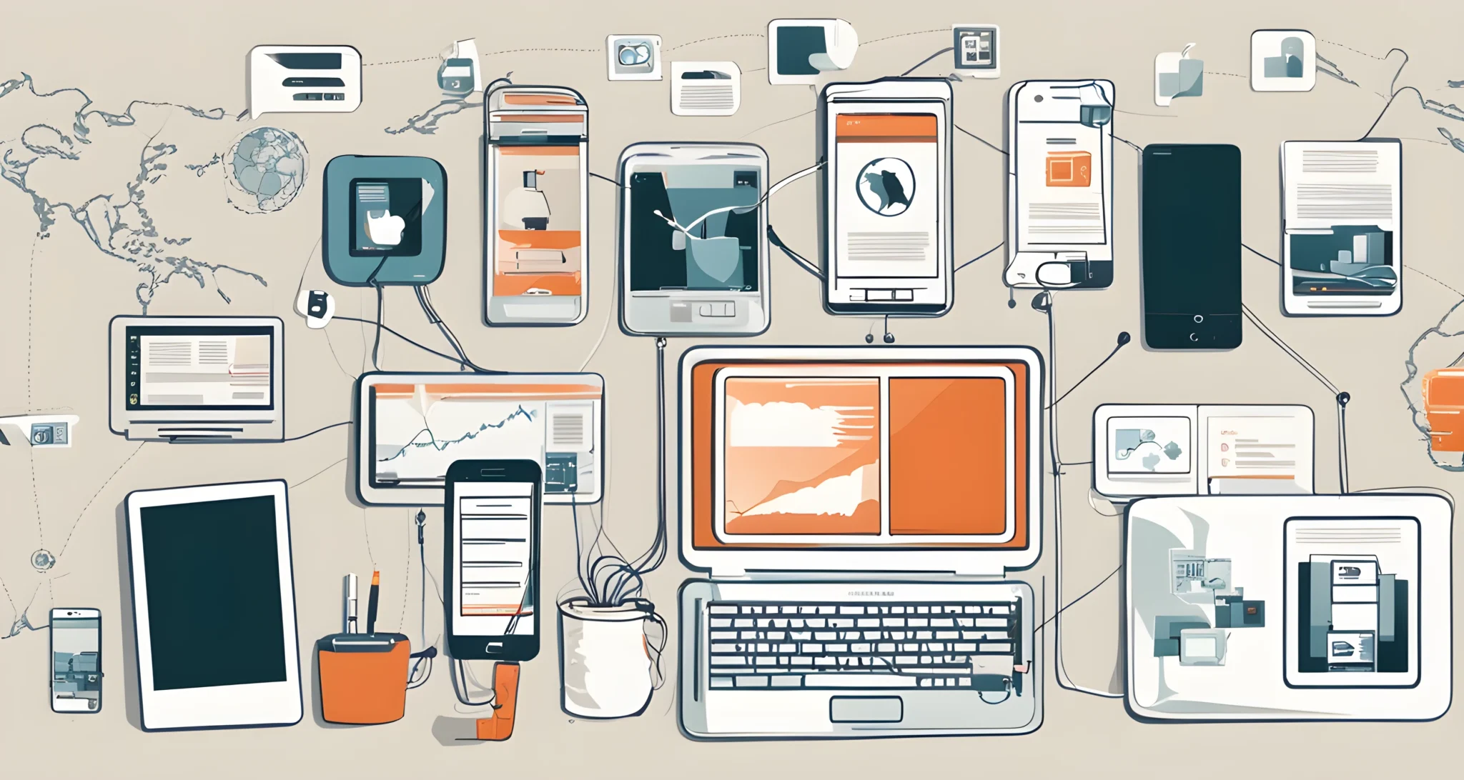 In the image, there is a smartphone, a laptop, and multiple interconnected digital devices, representing the widespread use of technology in modern globalization.