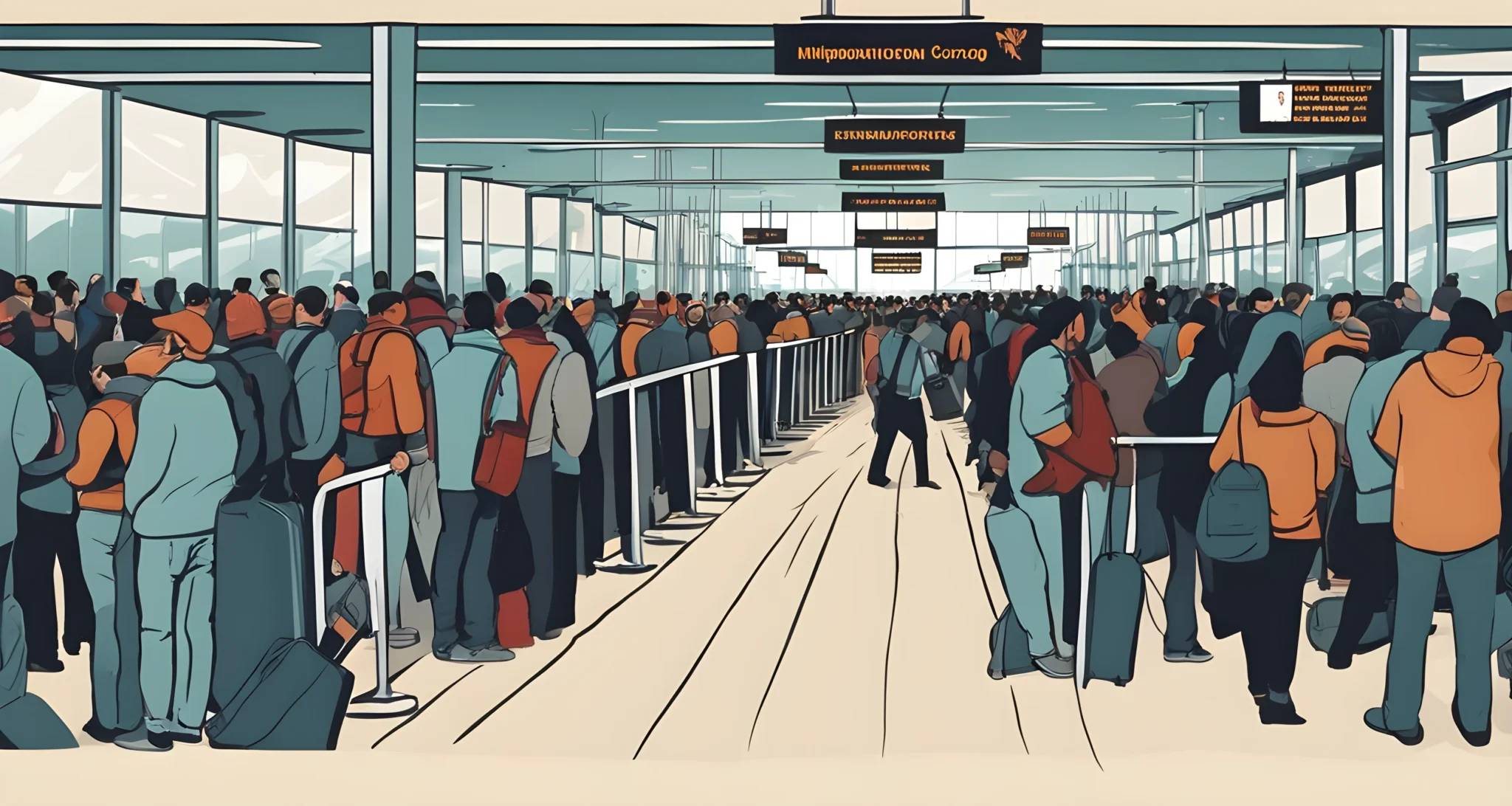 The image depicts a crowded and chaotic border crossing with long lines of people waiting to pass through immigration control.