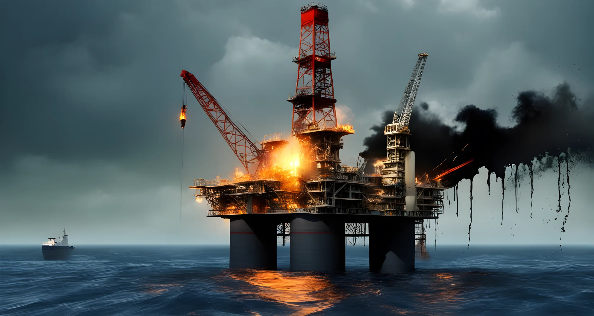 The image depicts a damaged oil rig in the ocean with a large oil spill surrounding it.