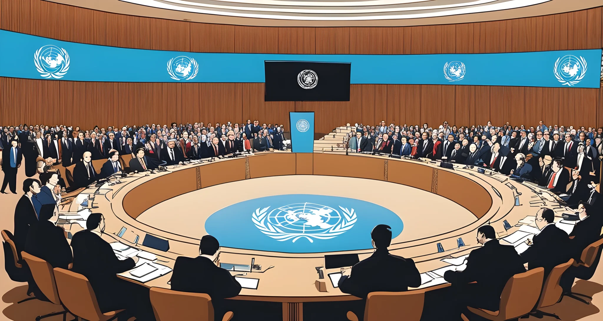 The image depicts a gathering of world leaders at the United Nations General Assembly, with the UN logo prominently displayed in the background.