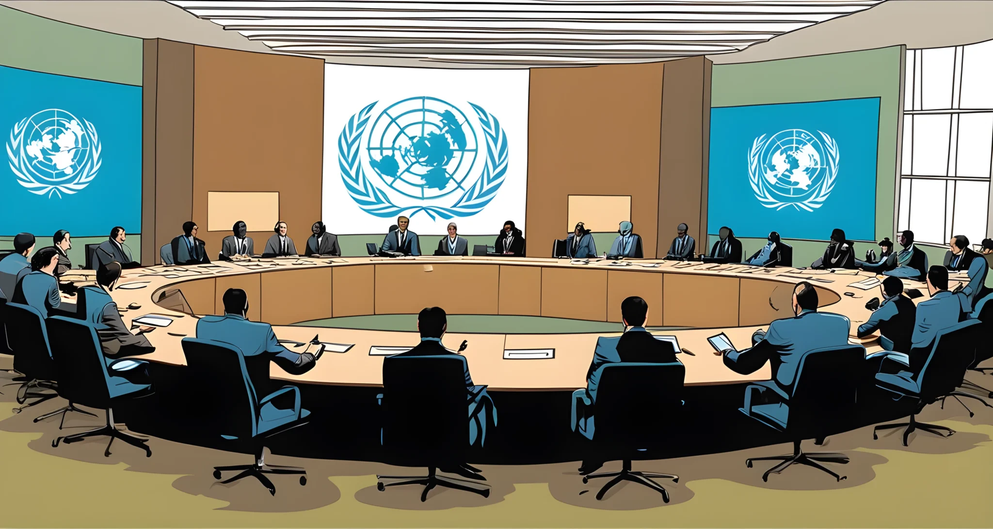 The image depicts a group of delegates from various countries gathered around a large conference table at the United Nations headquarters.