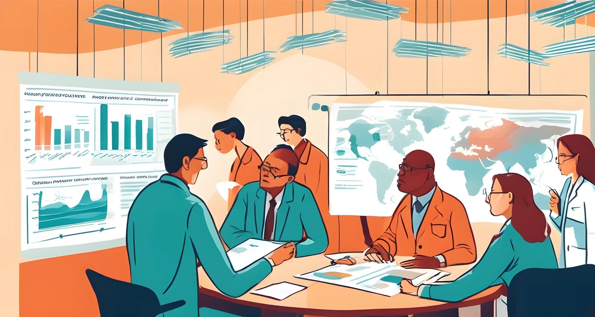 The image depicts a group of scientists and government officials gathered around a table, looking at data charts and graphs related to climate change. They appear to be discussing and collaborating on strategies to address the issue.