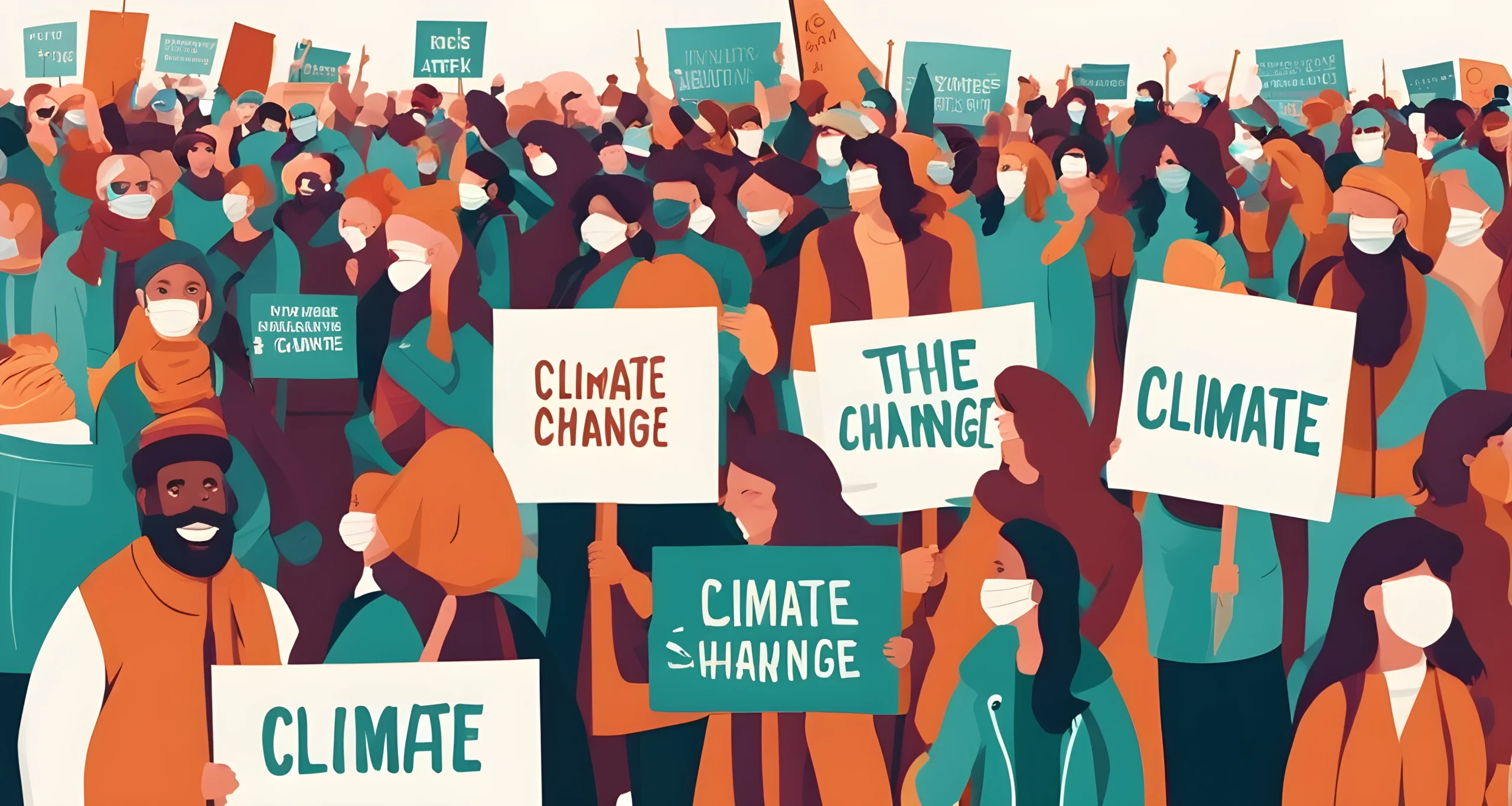 The image depicts a large group of people holding signs and banners while marching in a protest for climate change awareness.