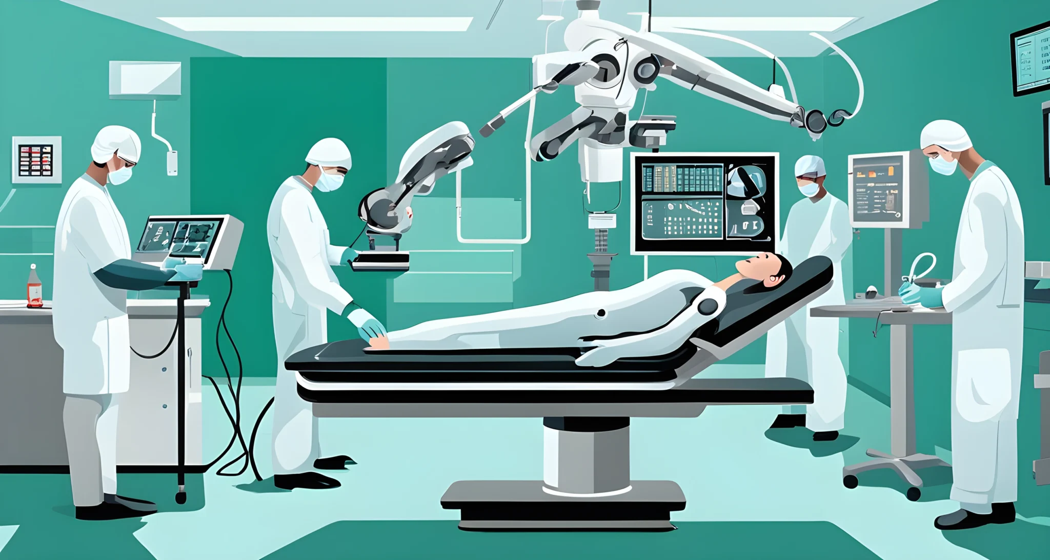 The image depicts a robotic surgical system being operated by medical professionals in a hospital operating room.