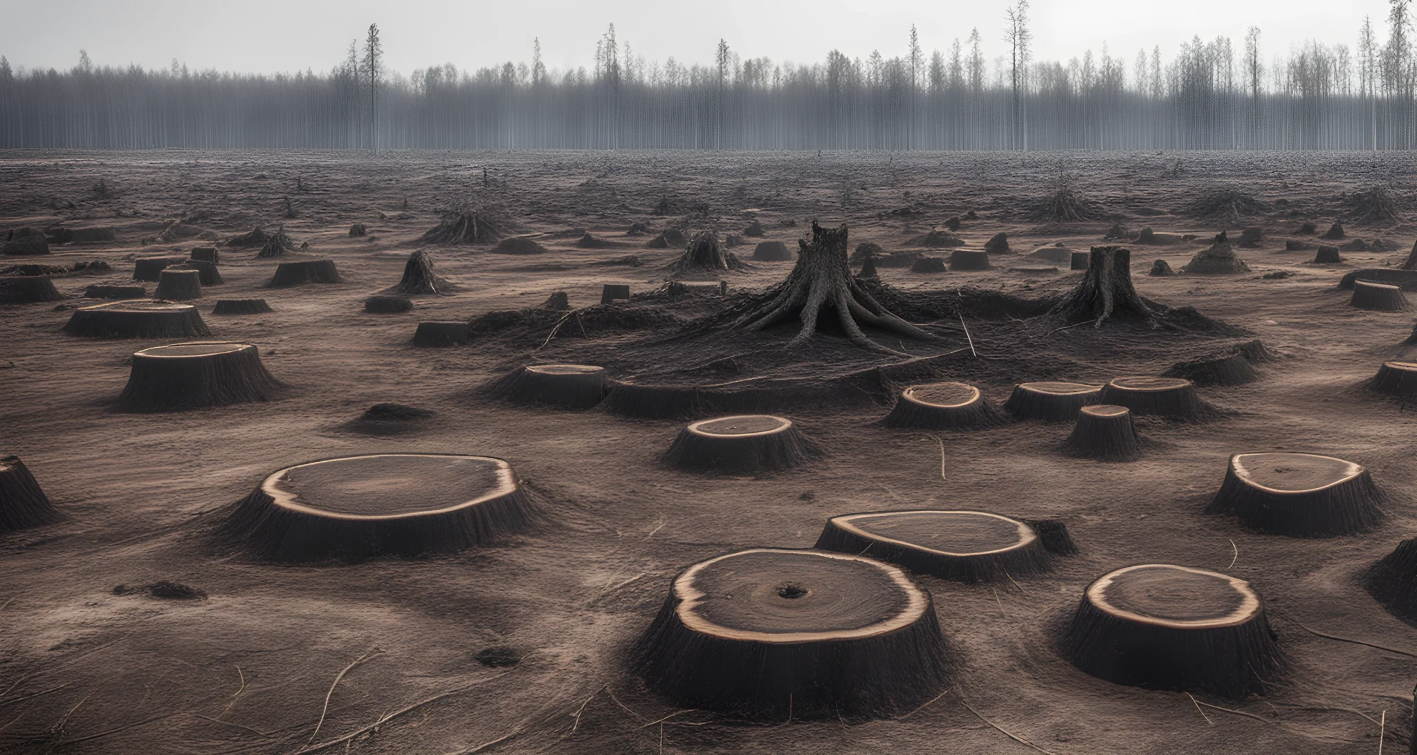 The image depicts a vast expanse of cleared land, with scattered tree stumps and piles of cut trees. The landscape appears barren and deforested.