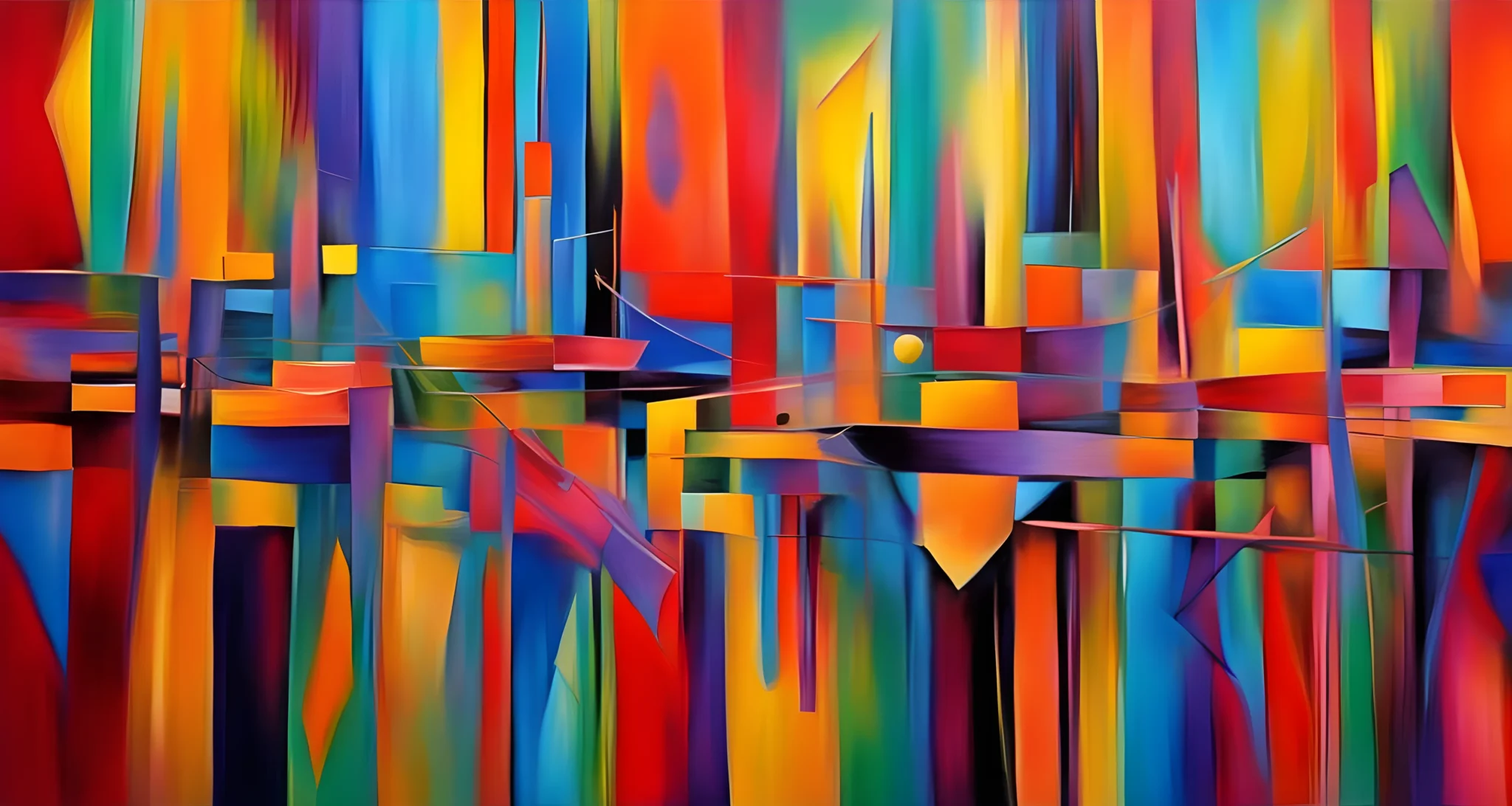 The image depicts a vibrant and dynamic abstract painting with bold colors and geometric shapes.