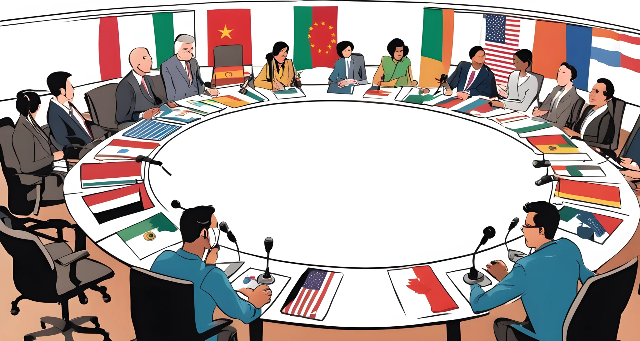 The image depicts representatives from various countries in a roundtable discussion, with microphones and flags of different nations visible.