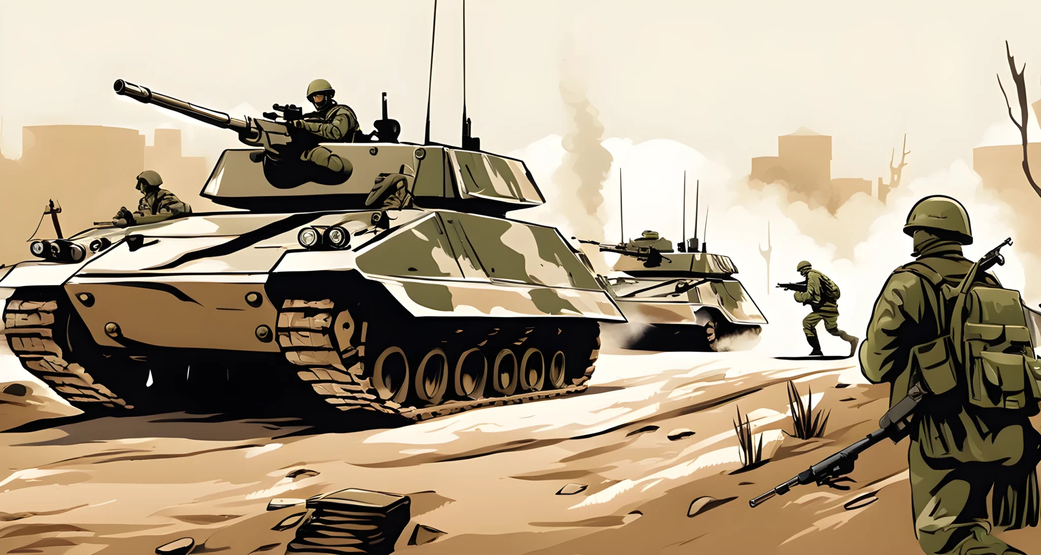 The image depicts soldiers engaged in combat, with heavy military vehicles and equipment in the background.