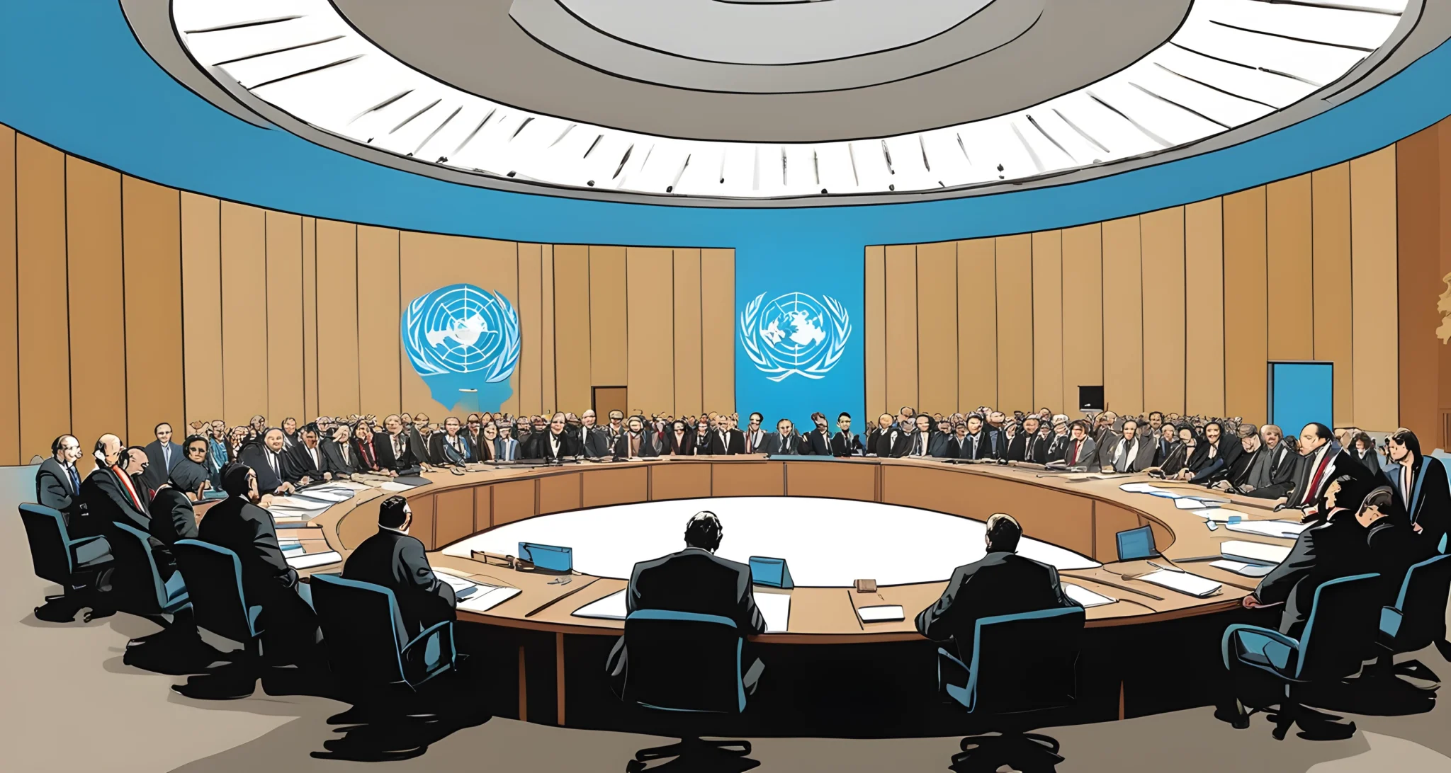 The image depicts the establishment of the United Nations, with delegates from various countries gathering to discuss the ongoing Syrian Civil War.