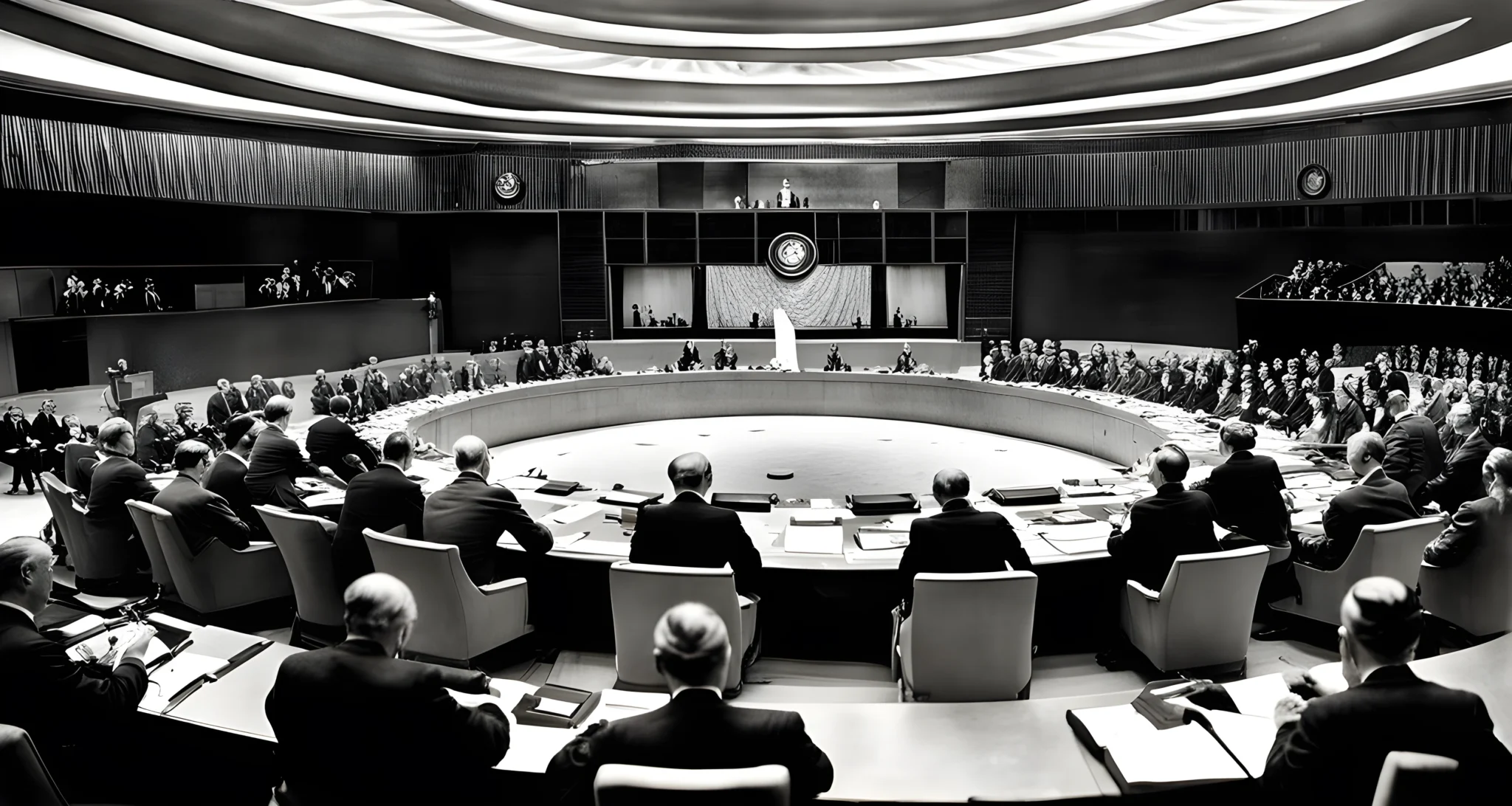 The image depicts the signing ceremony of the United Nations Charter in 1945, with multiple world leaders and diplomats present.