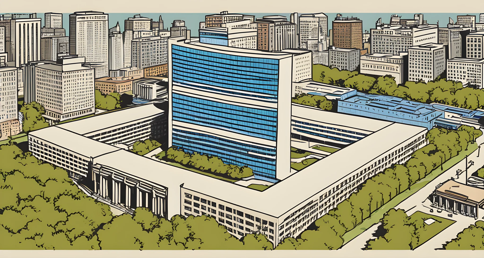 The image depicts the United Nations headquarters in New York City, including the iconic General Assembly building and the surrounding grounds.