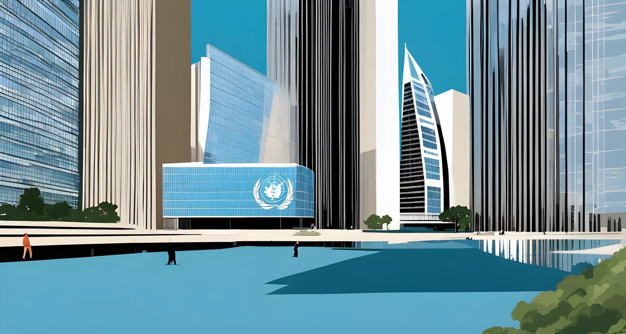 The image depicts the United Nations headquarters in New York City, with its distinctive tall glass building and surrounding complex.