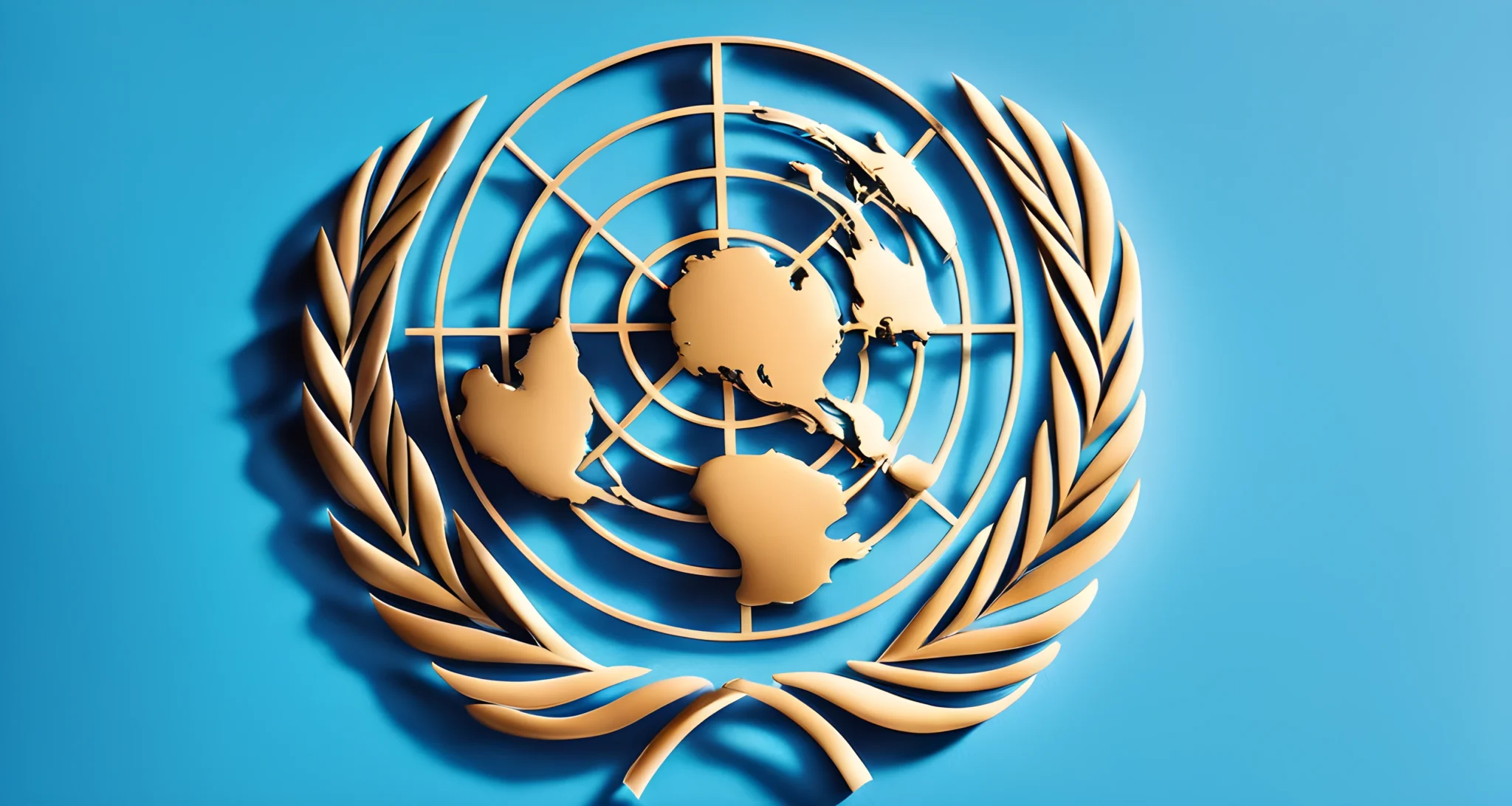 The image depicts the United Nations logo on a blue background.