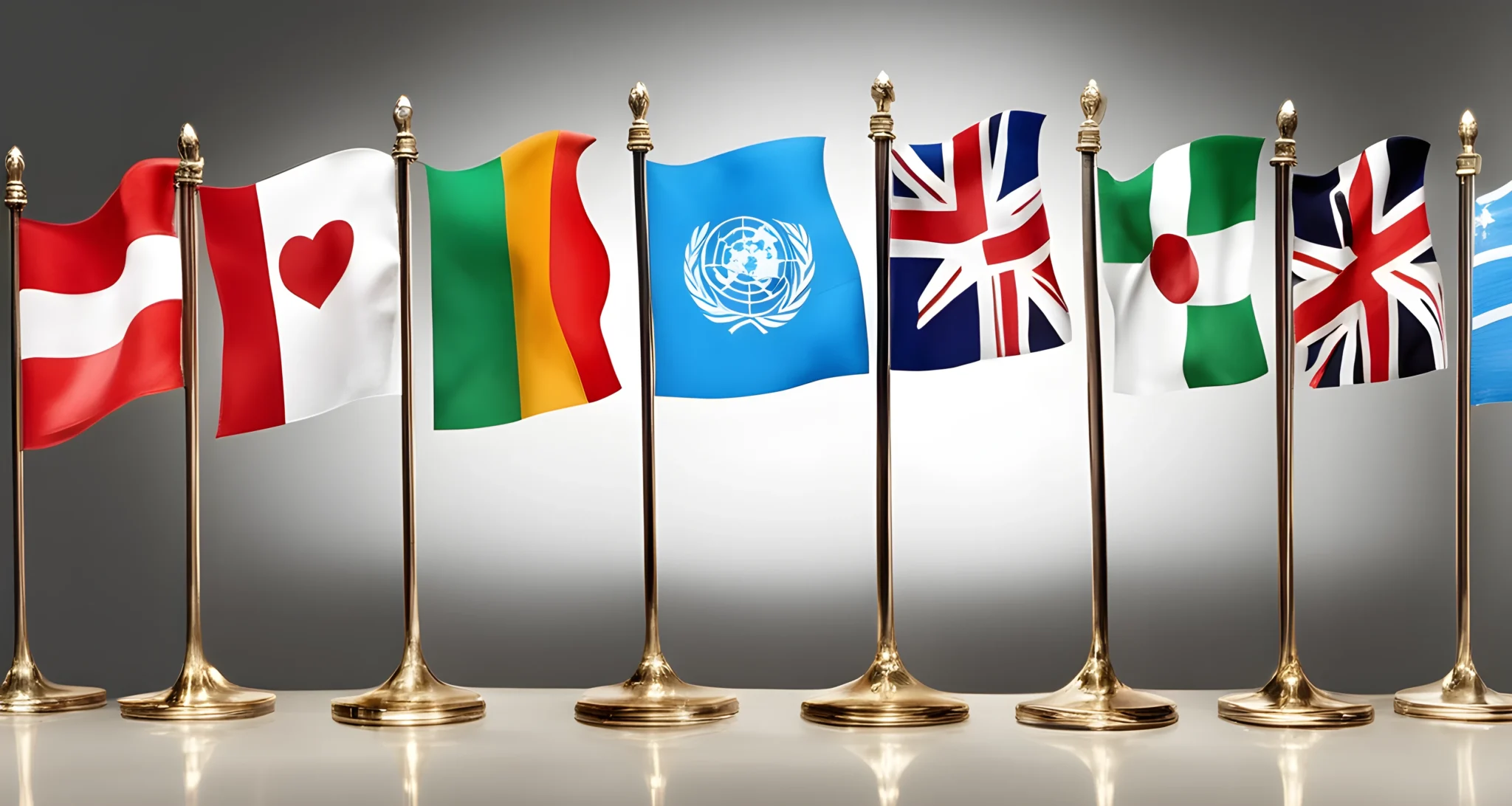 The image depicts the United Nations (UN) emblem and flags of member countries.