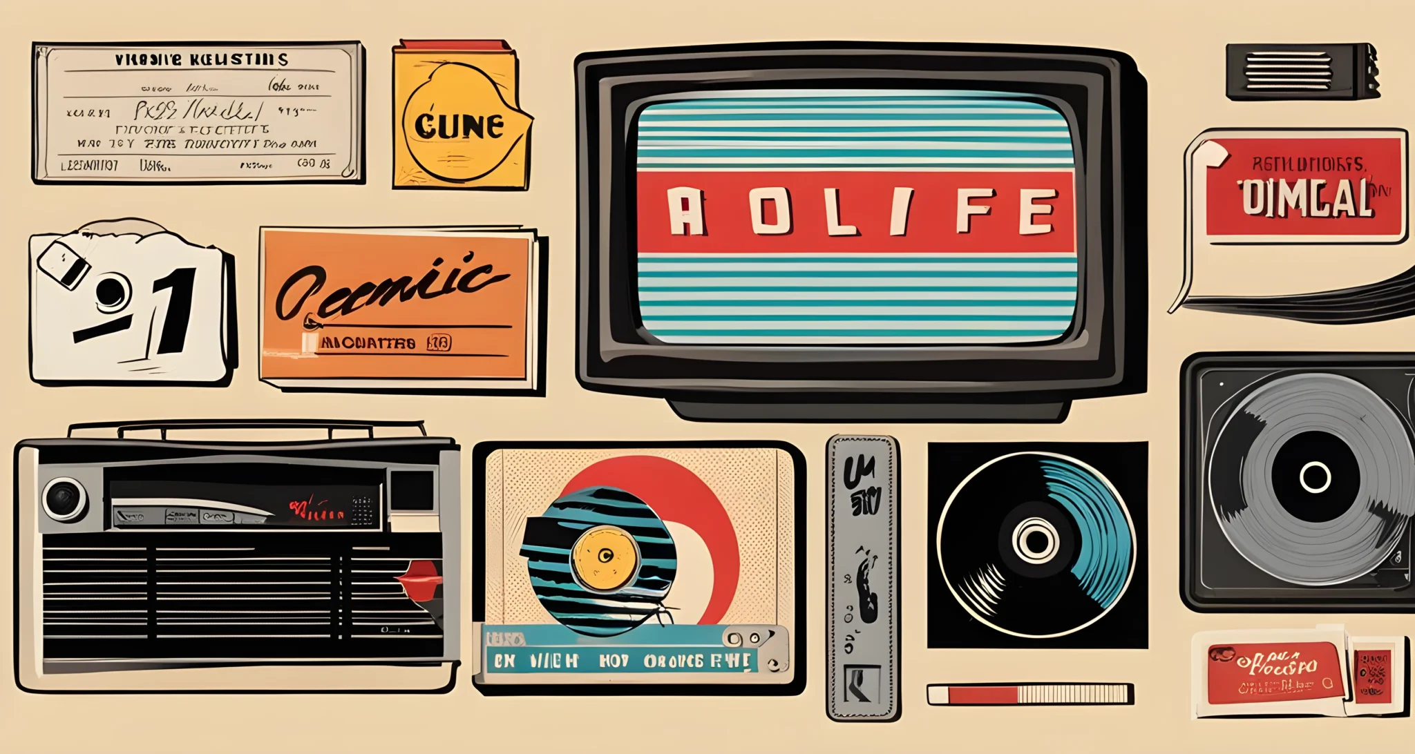 The image features a collection of iconic pop culture artifacts, including a vinyl record, a vintage movie ticket, a comic book, and a retro television set.