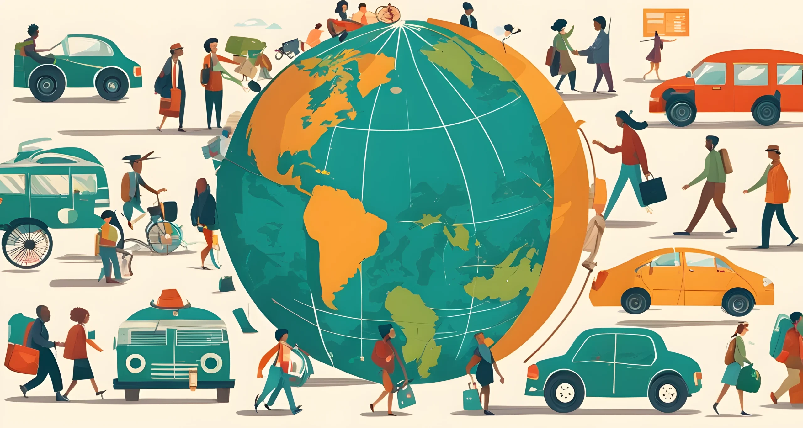 The image features a globe, a diverse group of people, various currencies, and different modes of transportation.