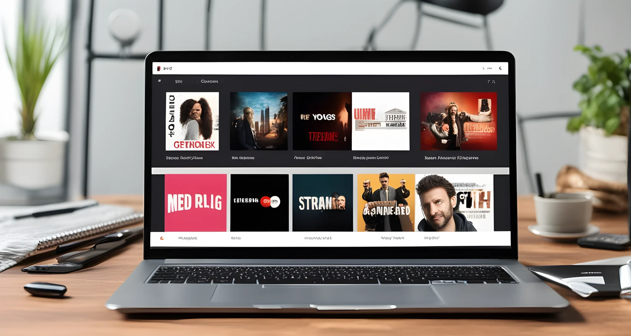 The image features a laptop displaying a popular streaming service's homepage, with various movie and TV show options available for streaming.