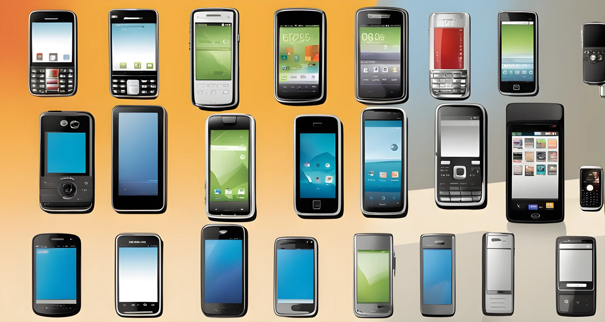 The image features a progression of smartphones from older models to the latest versions, showcasing the evolution of mobile technology.