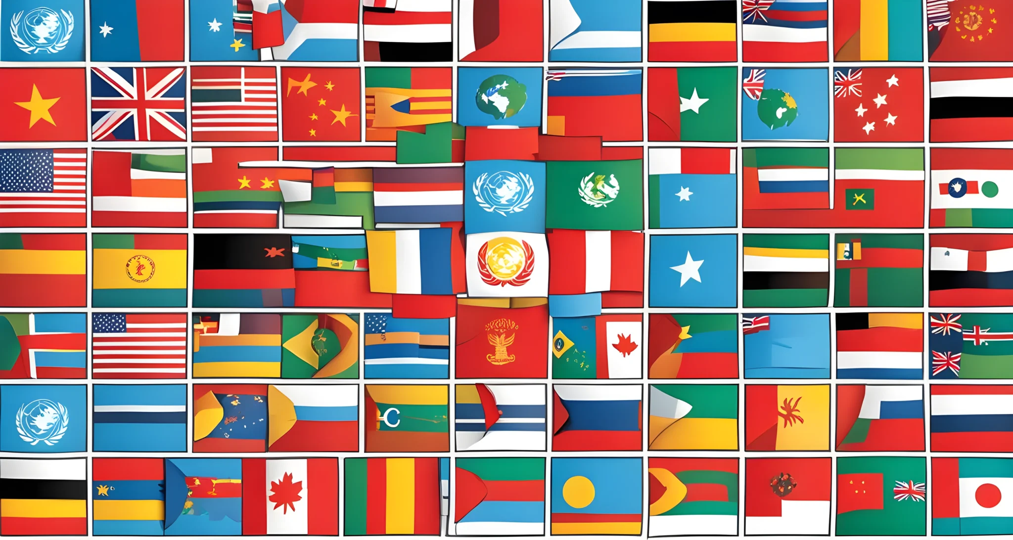 The image features the United Nations emblem with the world map in the background, surrounded by flags of member countries.