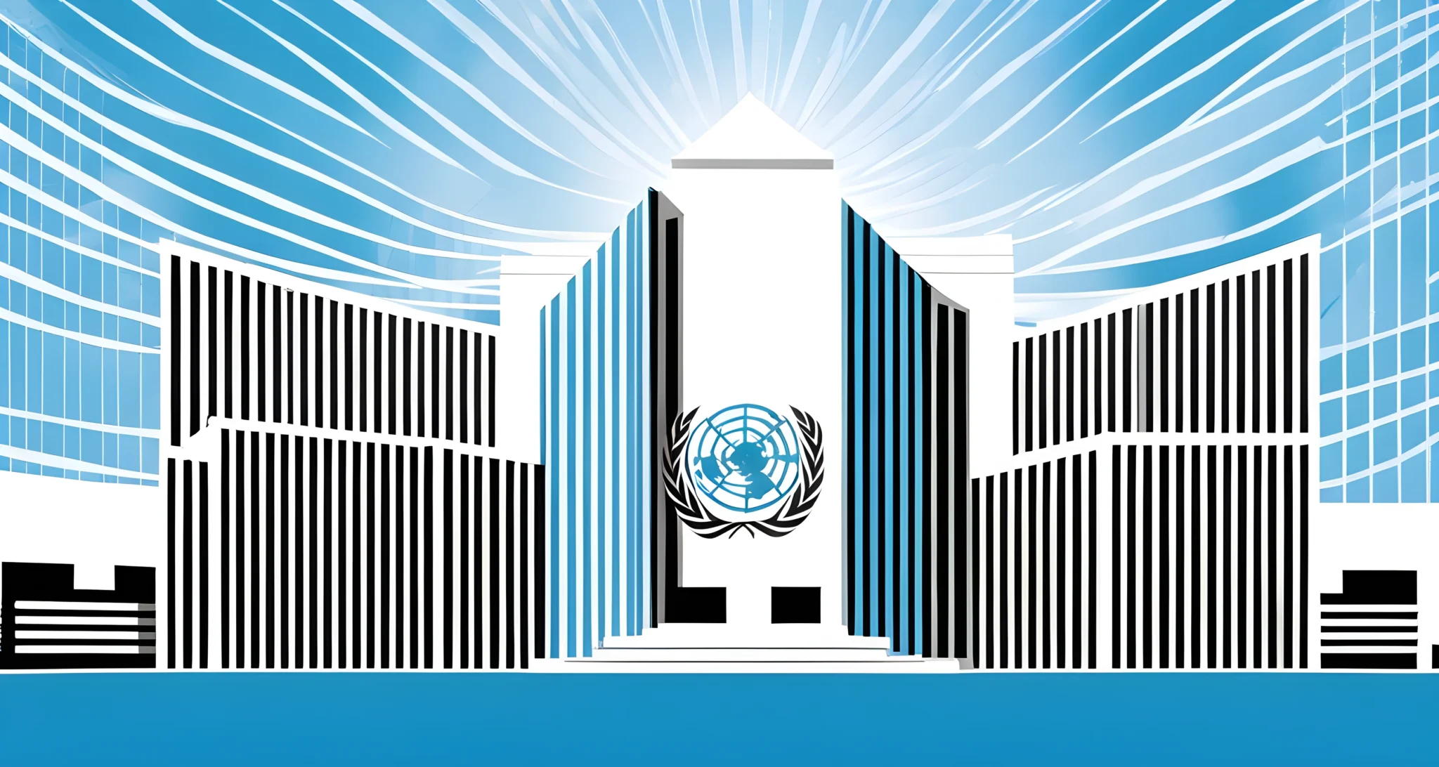 The image features the United Nations headquarters in New York City, with the iconic blue and white UN emblem prominently displayed.