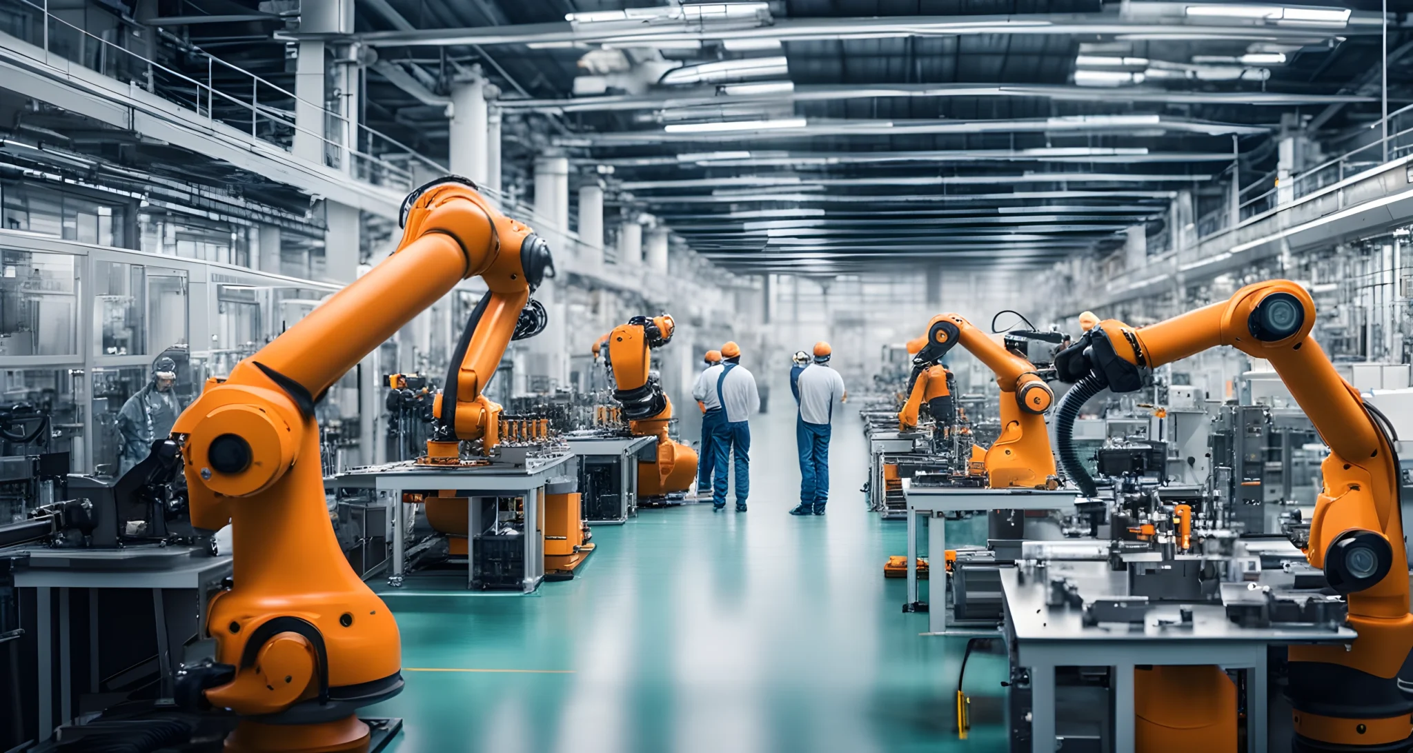 The image showcases a modern factory with advanced machinery and robots working alongside human workers.